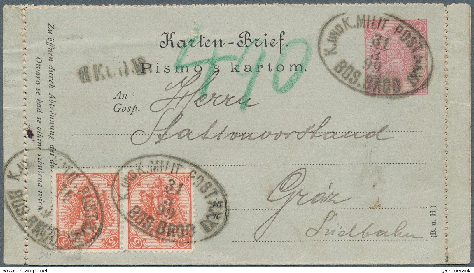 Bosnien Und Herzegowina - Ganzsachen: 1899, Letter Card 5kr. Rose Uprated By Pair 5kr. Red, Register - Bosnia And Herzegovina