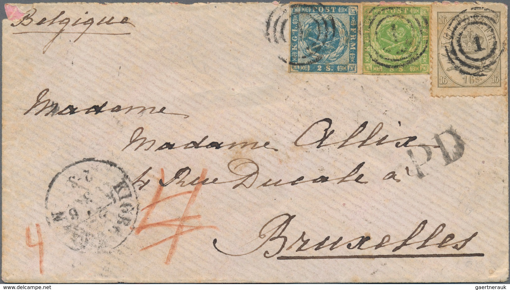 Dänemark: 1865, 2s. Blue And 8s. Green Of 1854/1857 Issue In Combination With 1864 16s., Three-colou - Sonstige & Ohne Zuordnung