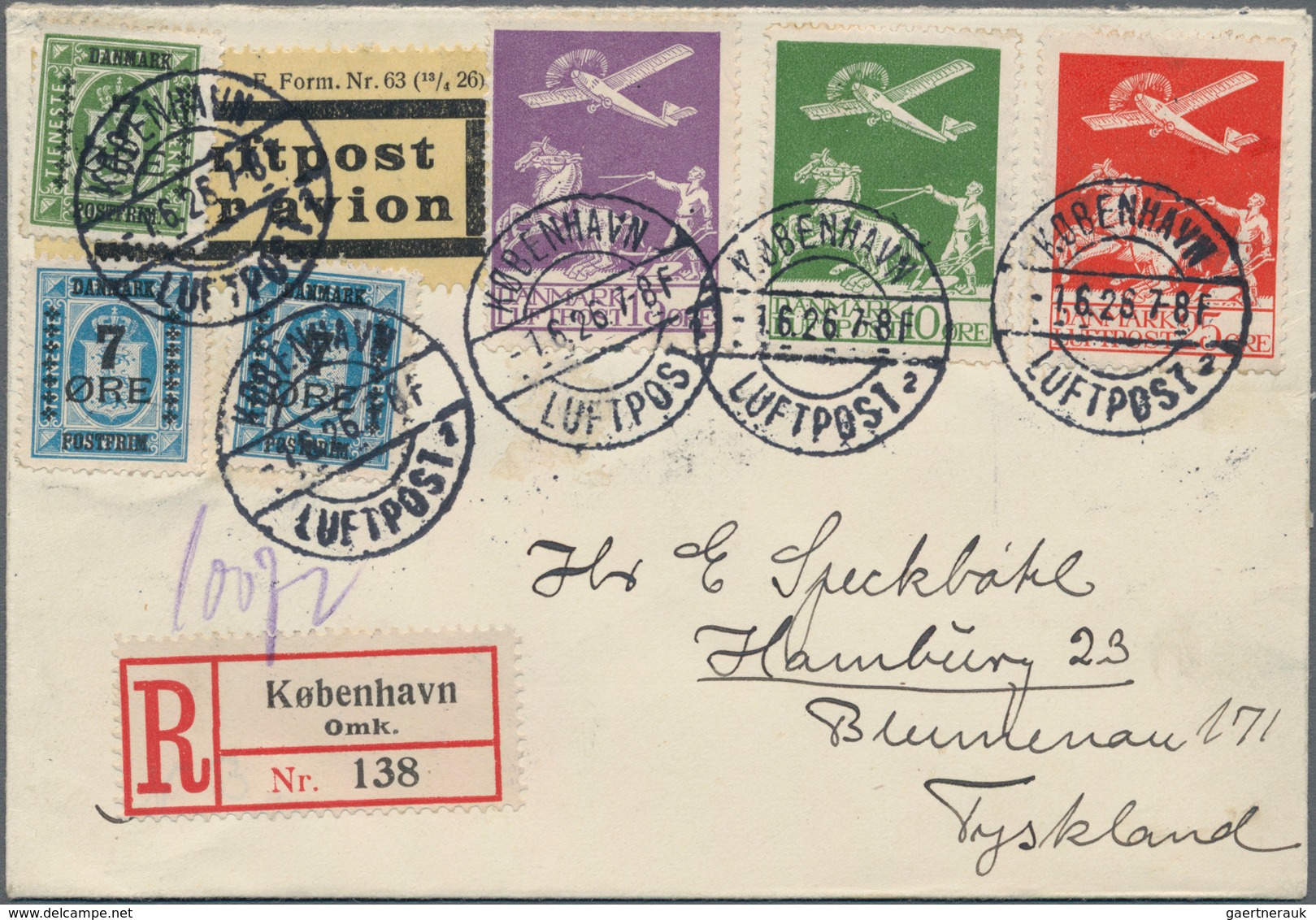 Dänemark: 1926, Registered Airmail Cover Franked With Complete Airmail Set Of 5, 10 And 15 öre And T - Other & Unclassified