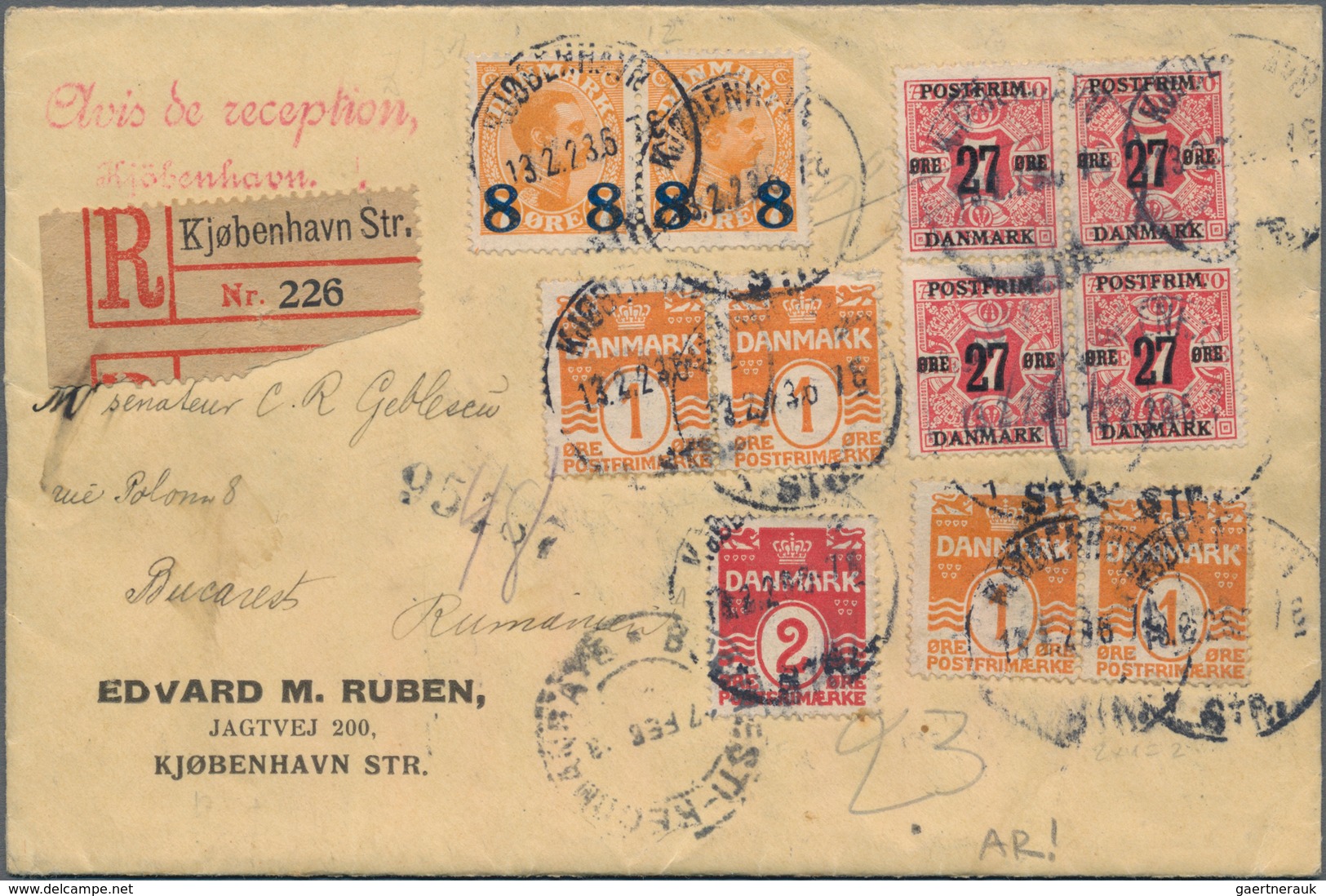 Dänemark: 1923, Surcharges 27 Ö./7 Ö. (block-4), 8 Ö./7 Ö. Pair, 1 Ö. (4, Two Pairs) Tied "KJOBENHAV - Other & Unclassified