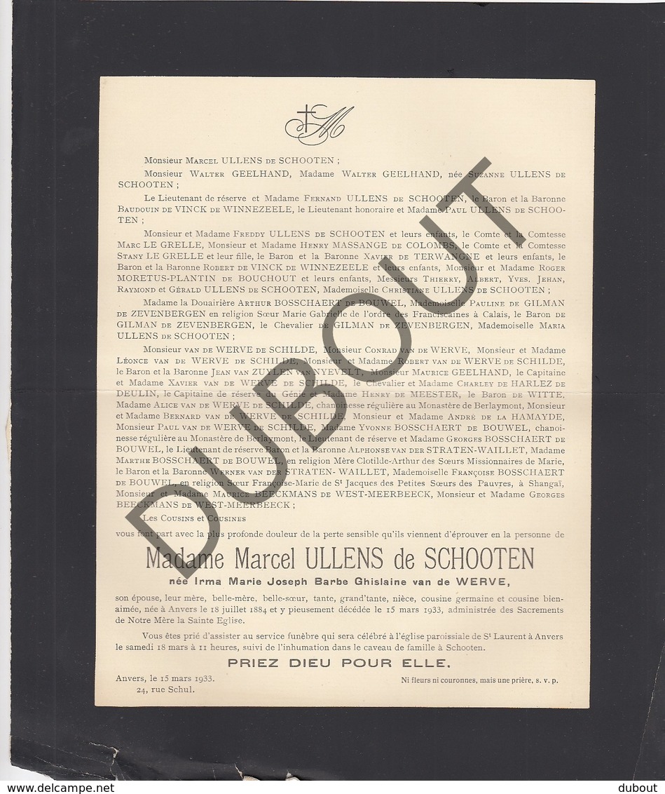 Doodsbrief Irma Van De WERVE °1884 Anvers †1933 Anvers - Marcel ULLENS De SCHOOTEN (H205) - Overlijden