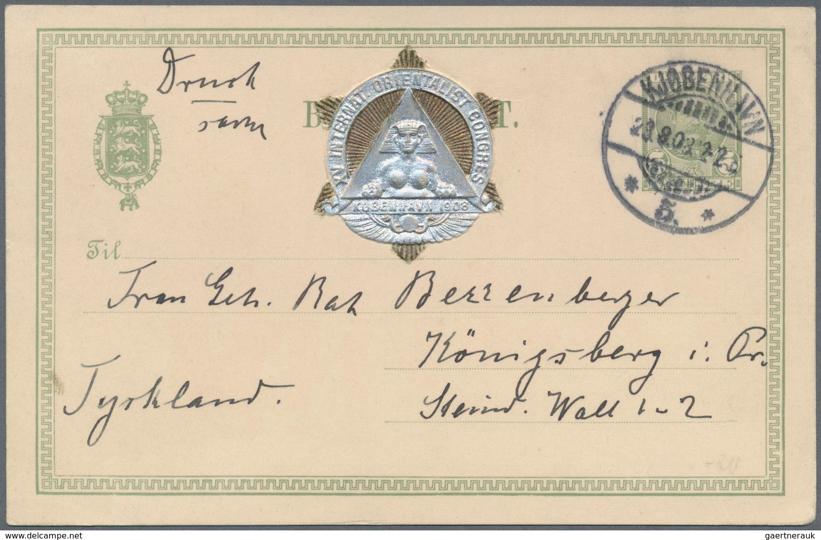 Dänemark - Ganzsachen: 1908 Used Postal Stationery Card 5 Öre Green On White With Label Of The Inter - Postal Stationery