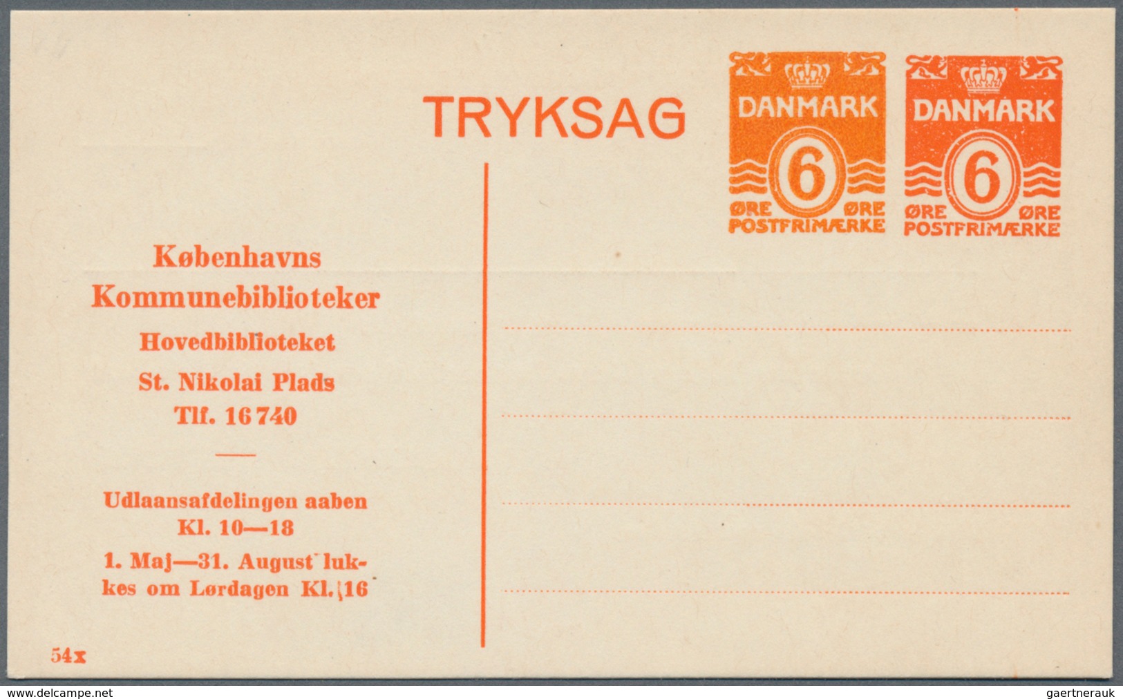 Dänemark - Ganzsachen: 1953, 6 Öre + 6 Öre Orange Service Postal Stationery Postcard From The Commun - Postal Stationery