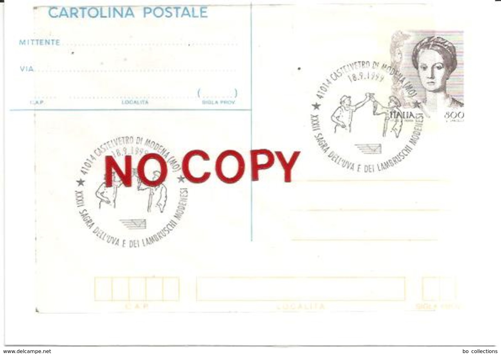 Castelvetro 18.9.1999, Annullo Figurato Sagra Dell'uva E Dei Lambruschi Modenesi Su Cartolina Postale 800 Donne. - Agriculture