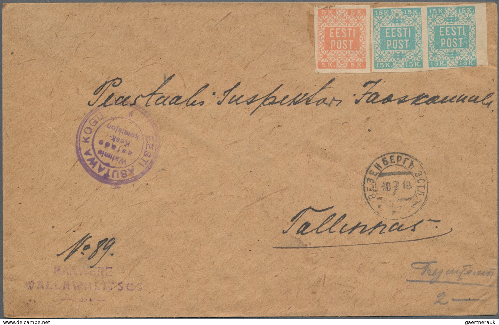 Estland: 1919, Letter From Wesenberg (Rakwere) To Tallinn On 10.2.19. - Estland