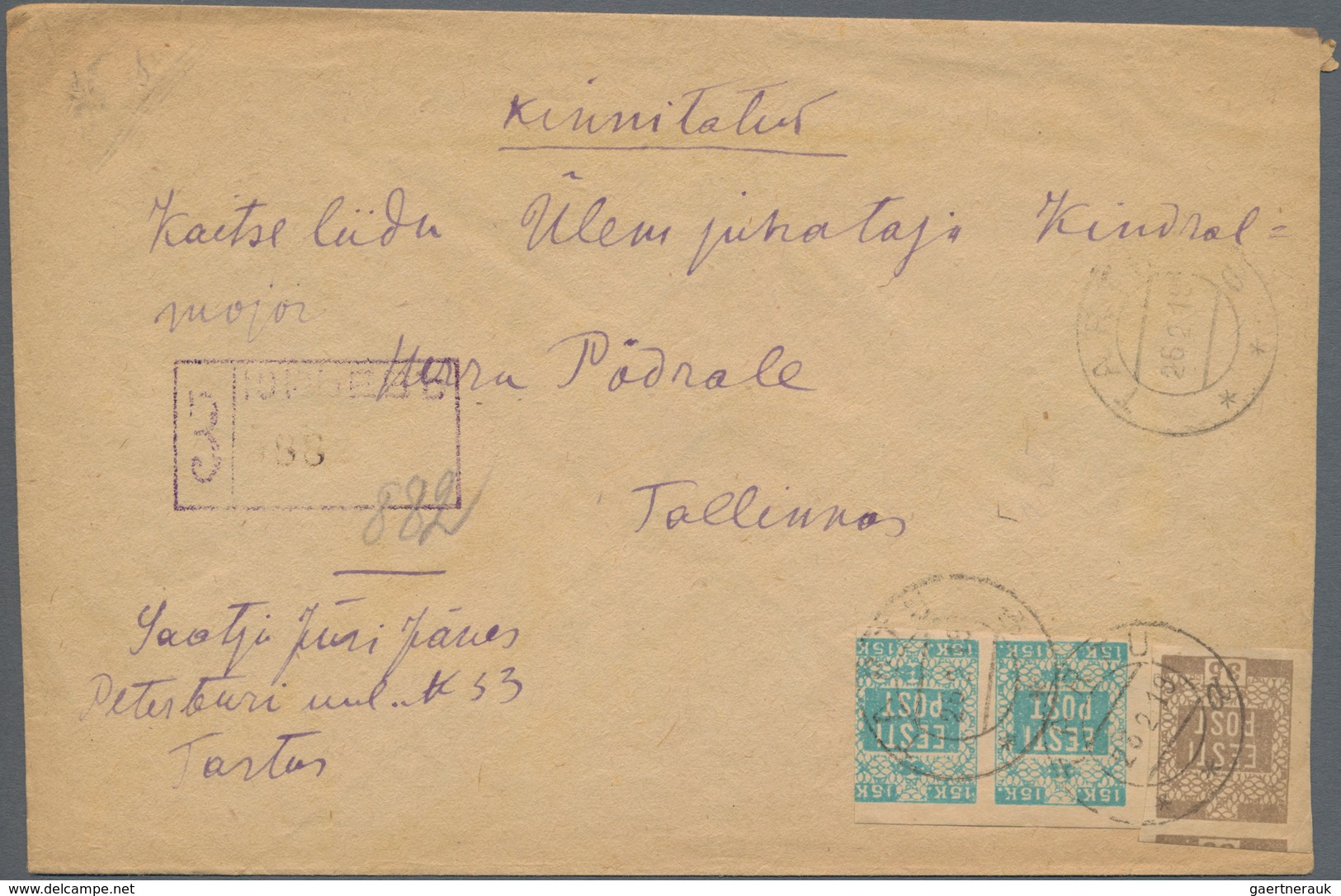 Estland: 1919, R Letter From Tartu To Tallinn, Rs. Arrival Stamp. - Estonia