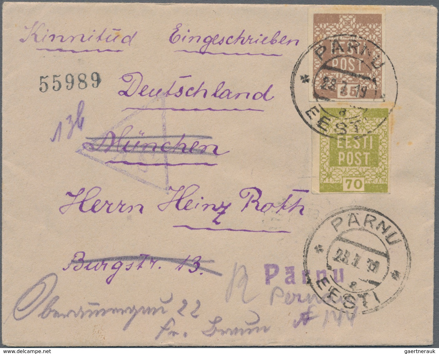 Estland: 1919, Open R-letter Delivered From Pernau 28.7. To Munich, Forwarded To Oberrammergau, Rs. - Estland