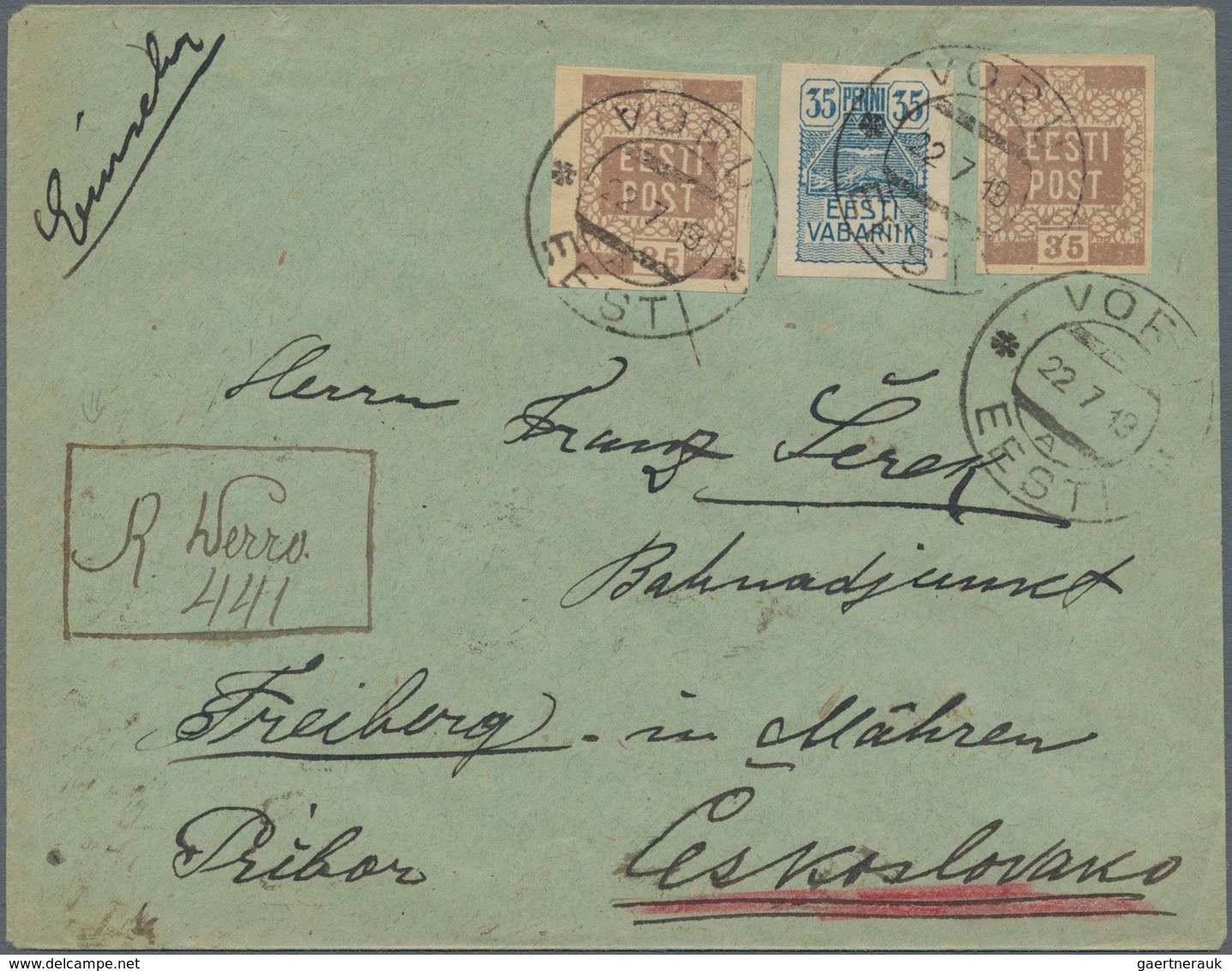 Estland: 1919, R Letter From VÖRU (Werro) To Freiberg (Czechoslovakia), Without Arrival Postmark. - Estland