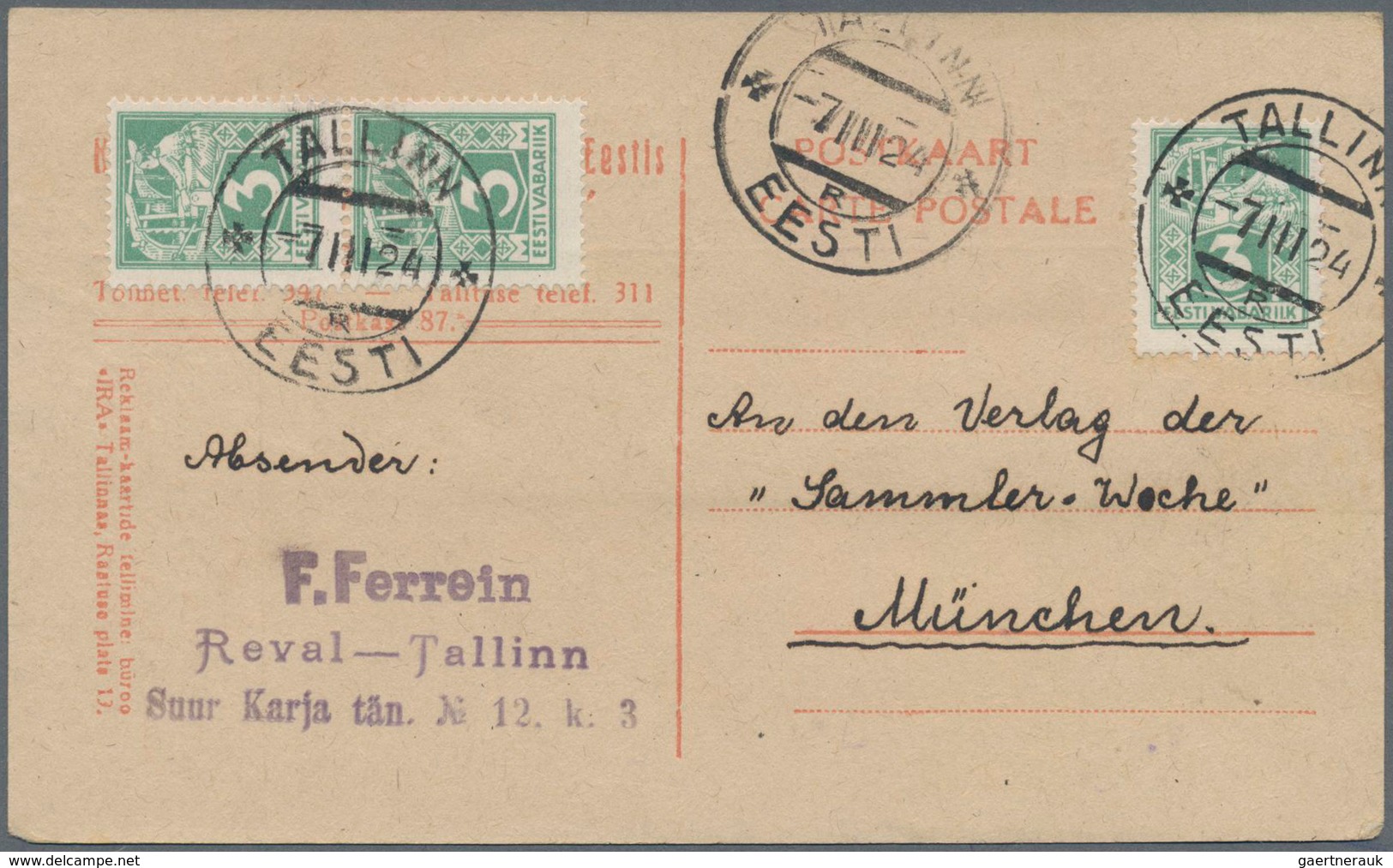 Estland: 1924 Formularcard With Multiple Franking (3x) Of 3 M Green Sent From Tallinn To Munich, Nic - Estonia