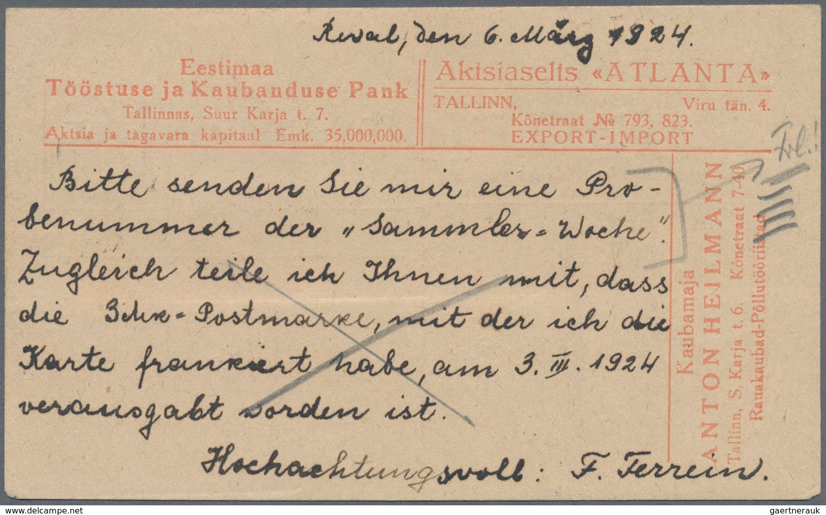 Estland: 1924 Formularcard With Multiple Franking (3x) Of 3 M Green Sent From Tallinn To Munich, Nic - Estland