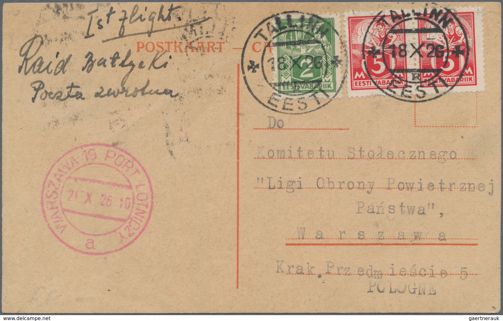 Estland: 1926, First Flight LOT Of "TALLINN * * EESTI 18 X 26 To Warsaw, 95 Copies Were Flown. - Estland