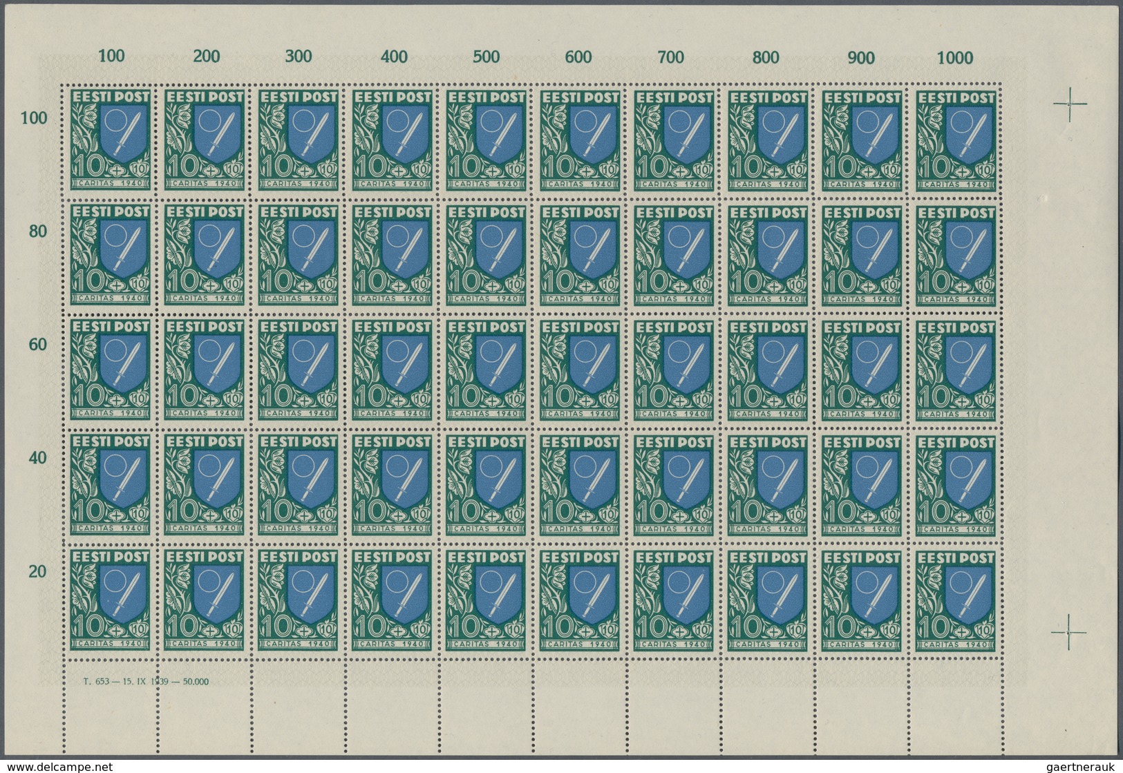 Estland: 1940, Üsihabi (Coat of Arms), complete set of four values in sheets of 50 stamps with print