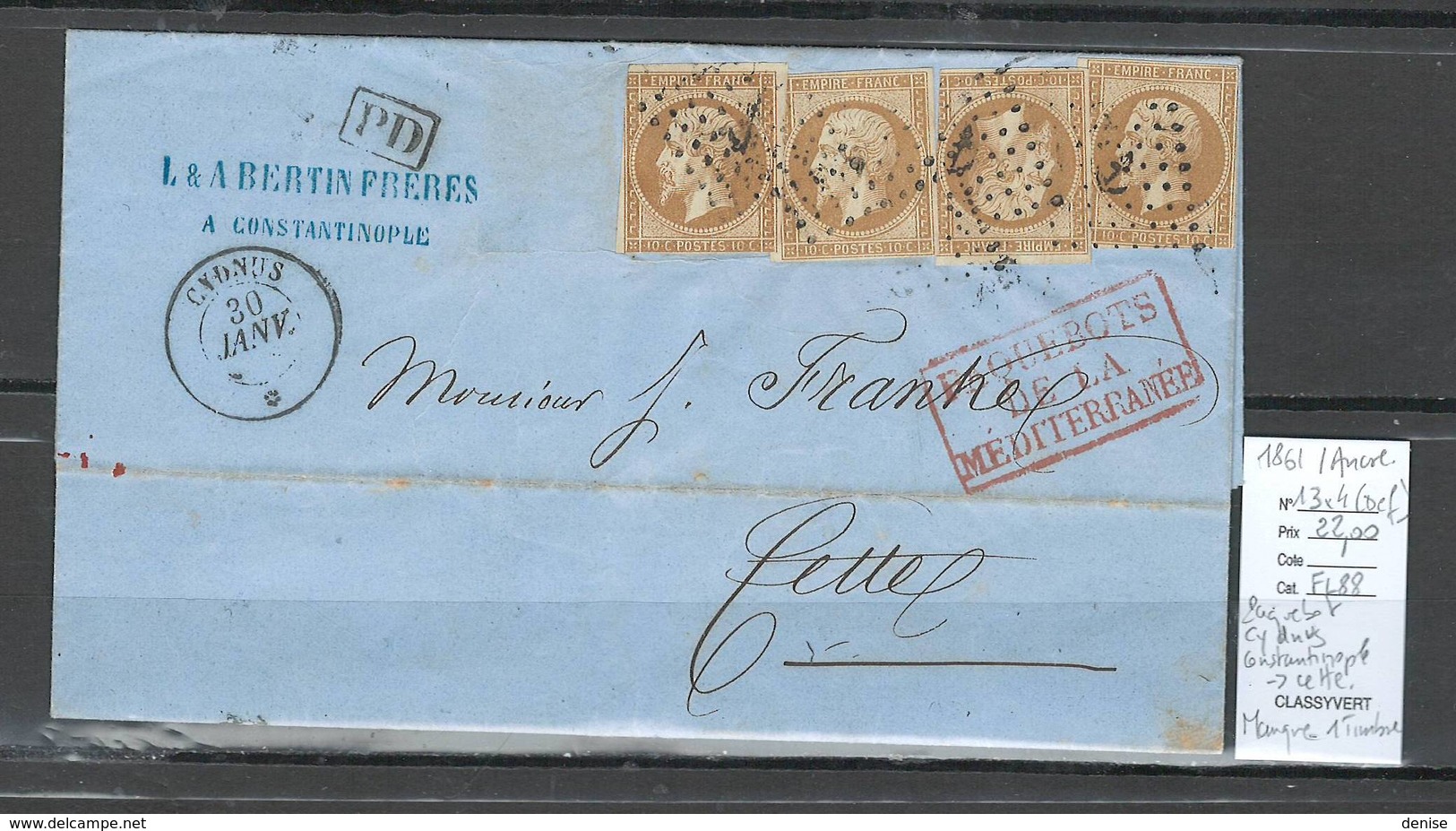 France - Lettre PAQUEBOT CYDNUS -1861 - Paquebot De La Méditerranée - Yvert 13 X 4 - Cachet Ancre - Maritime Post