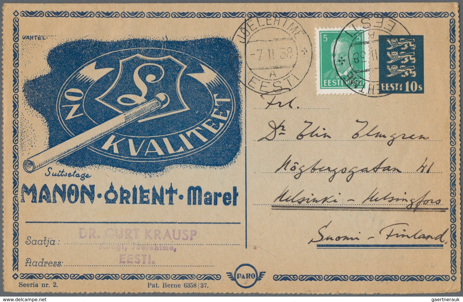 Estland - Ganzsachen: 1938 (7.2.), 'PARO' Lettercard 10s. Blue (Seeria Nr. 2) Uprated With 5s. Stamp - Estonia