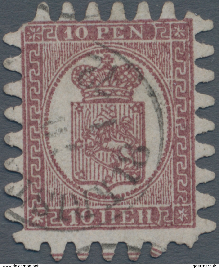 Finnland: 1866: COLOUR ERROR 10p. Carmine-brown On Pale Lilac Laid Paper, Rouletted Type III, Used A - Gebraucht