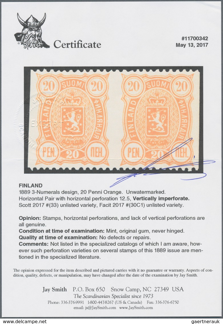 Finnland: 1889, Definitives Coat Of Arms, 20p. Orange Horizontal Pair Showing Variety "vertically Im - Used Stamps