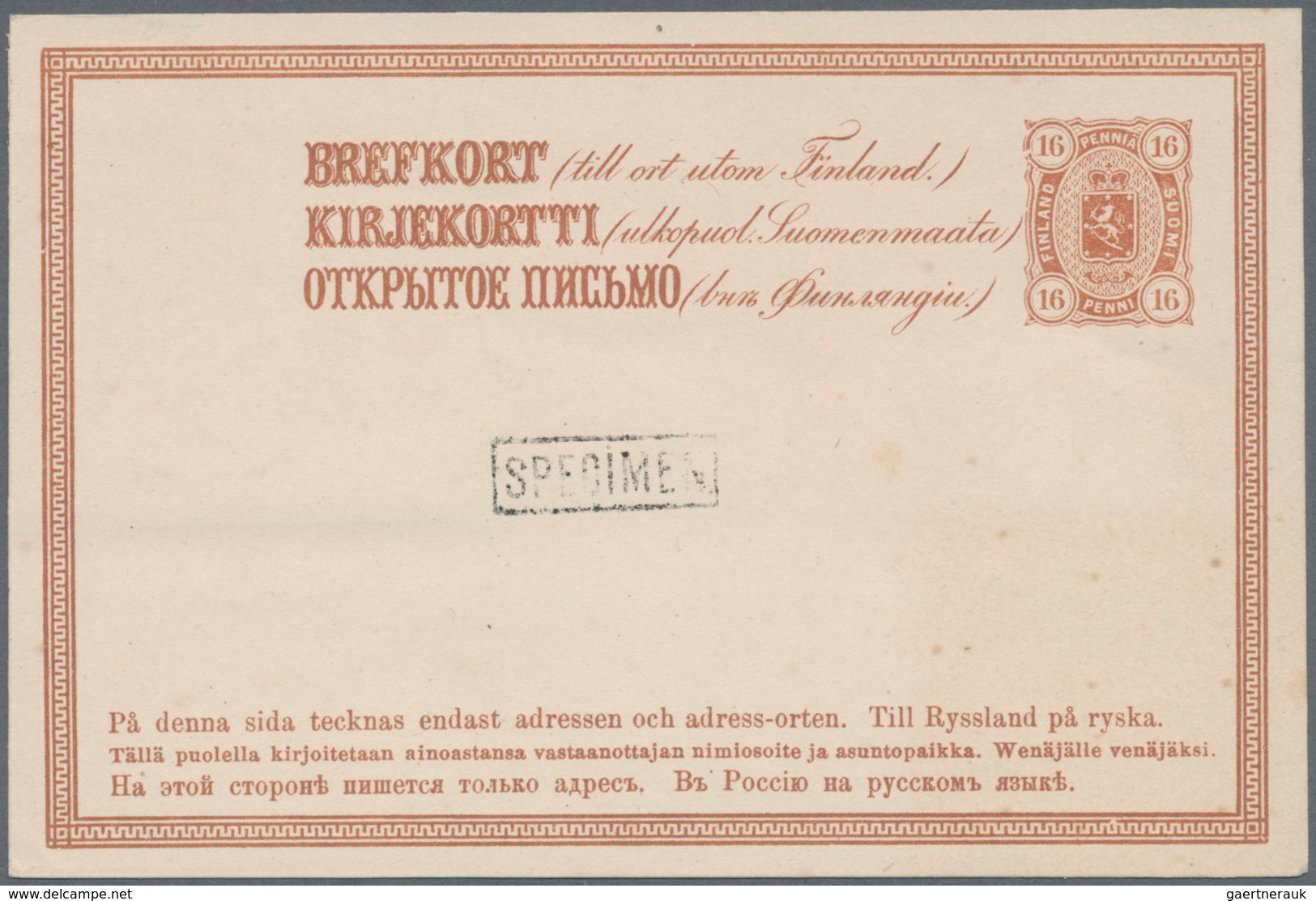 Finnland - Ganzsachen: 1875 Unused Postal Stationery Card With Surcharge Specimen 10 P Light-brown, - Ganzsachen