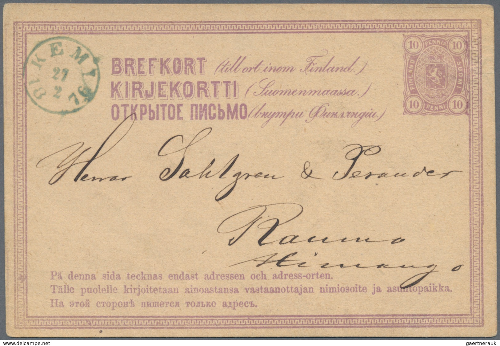 Finnland - Ganzsachen: 1876, 10 P Violet Postal Stationery Card With Blue Small Circle Cancel Of "KE - Postal Stationery