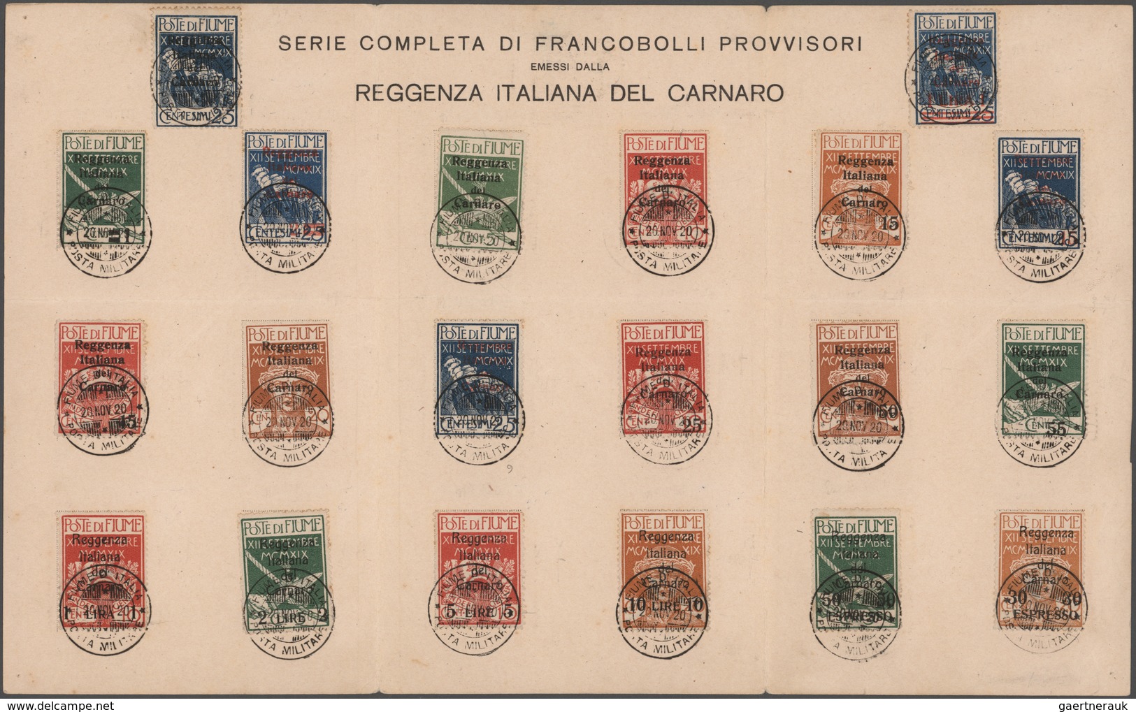Fiume - Besetzung Der Carnaro-Inseln: 1920, 20. November, Overprints, Complete Set Of 20 Stamps (inc - Fiume