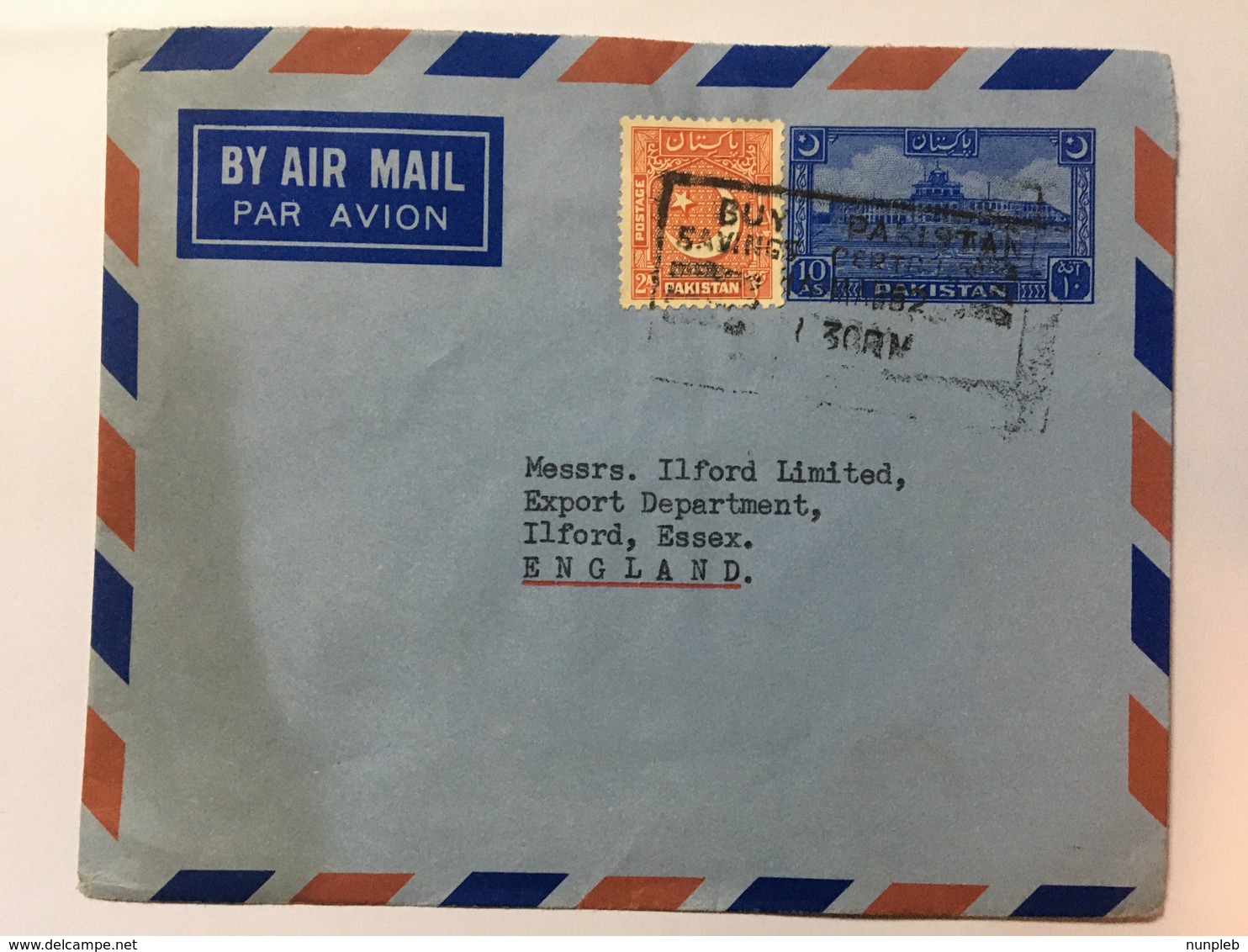 PAKISTAN 1952 Pre-paid Air Mail Cover Uprated Lahore To Ilford England - Pakistan