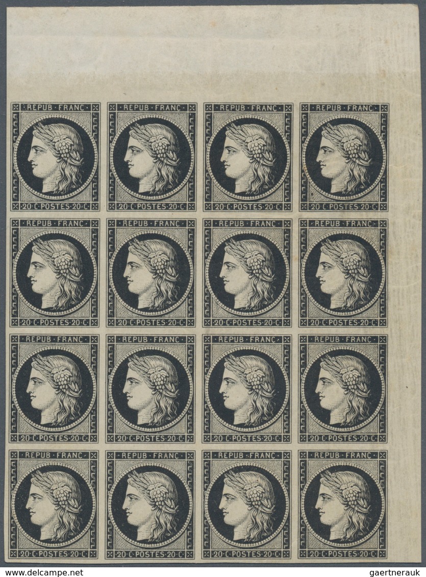 Frankreich: 1849, Ceres 20c. Black, Marginal BLOCK OF 16 From The UPPER RIGHT CORNER OF THE SHEET, F - Unused Stamps