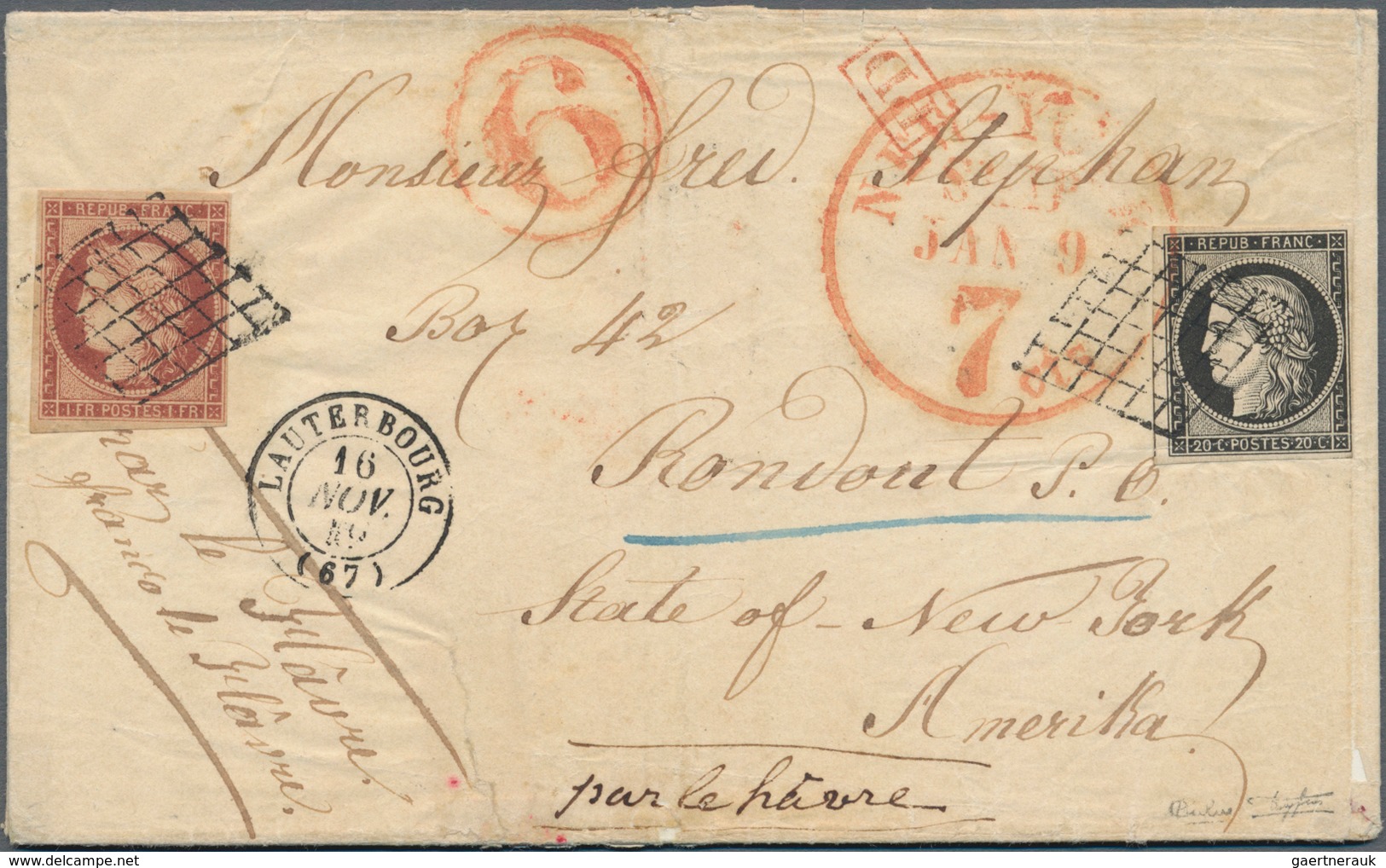 Frankreich: 1849 Ceres 1fr. Carmine And 20c. Black Used On Entire Letter From Lauterbourg To Rondout - Unused Stamps