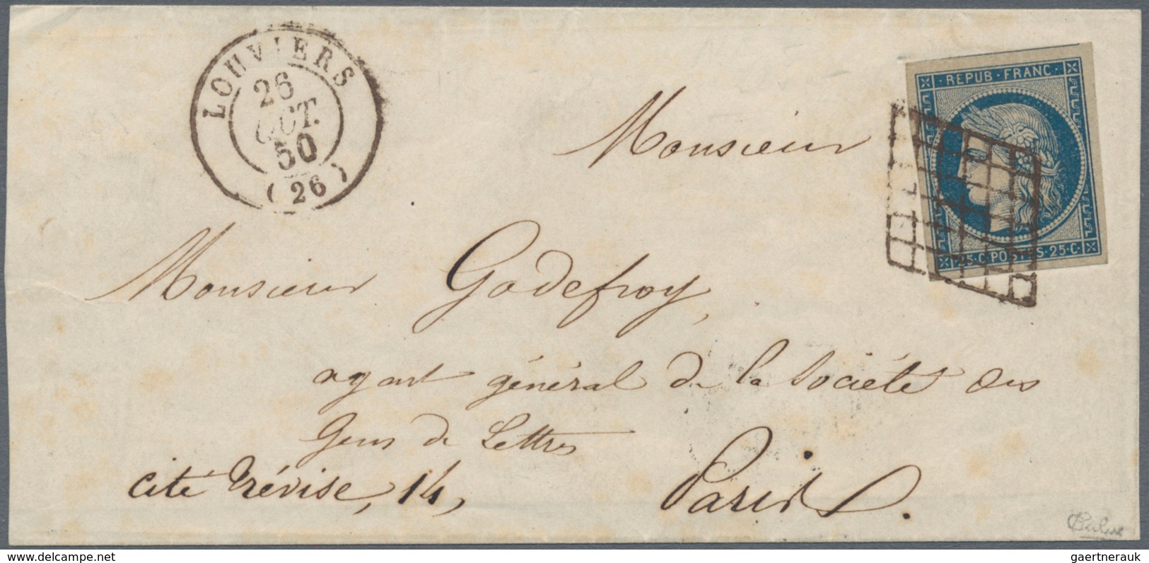Frankreich: 1850, Ceres 25c. Blue, Fresh Colour And Full To Huge Margins, Single Franking On Letters - Ungebraucht