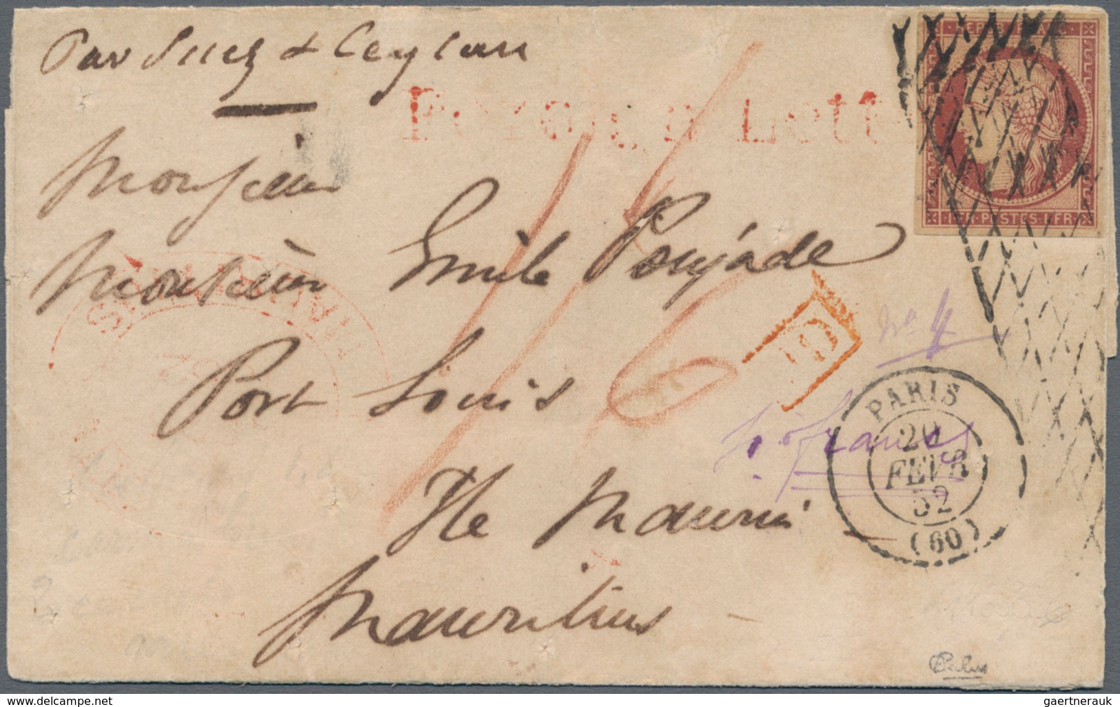 Frankreich: 1849 Ceres 1fr. Carmine Used On Small Folded Cover From Paris To Port Louis, MAURITIUS ' - Ungebraucht