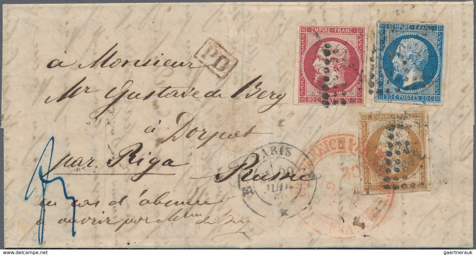 Frankreich: 1853-60 Napoleon 10c., 20c. And 80c. Used On 1860 Letter From Paris To Dorpat, Russia (n - Ungebraucht