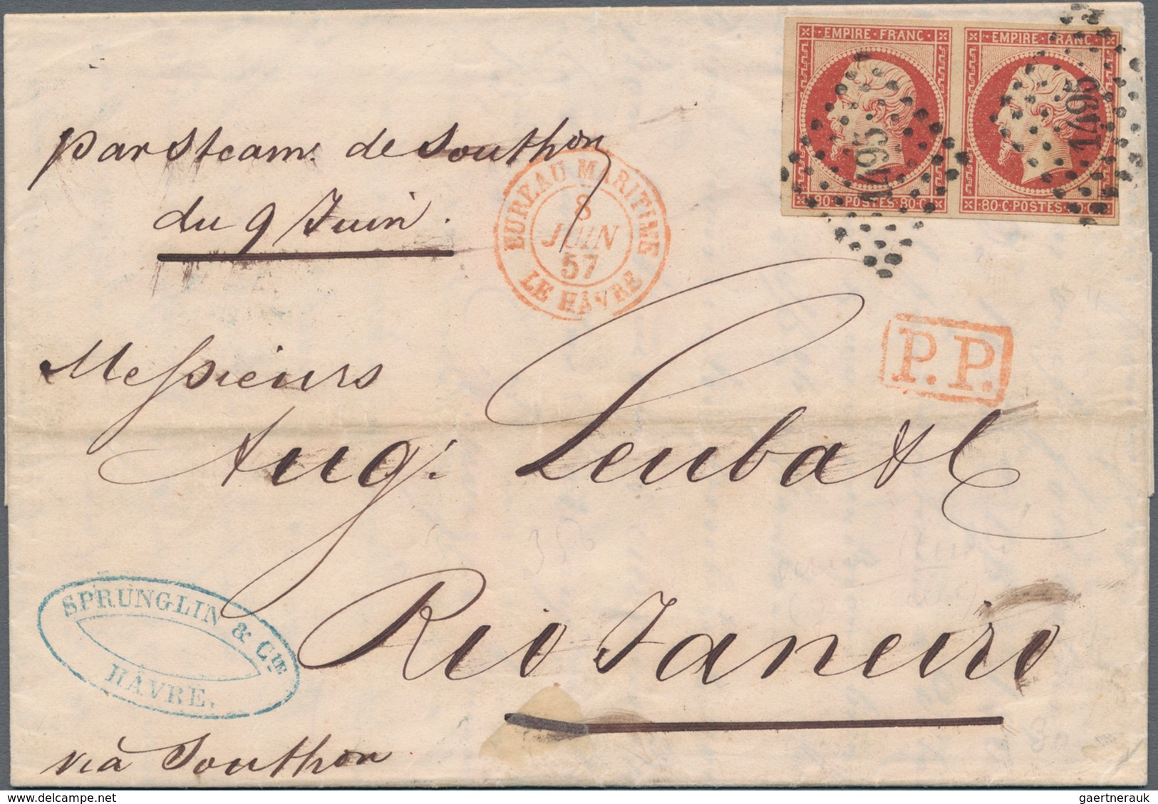 Frankreich: 1853 Napoleon 80c. VERMILION Horizontal Pair, Used And Tied By Small Numeral "1495" To E - Neufs