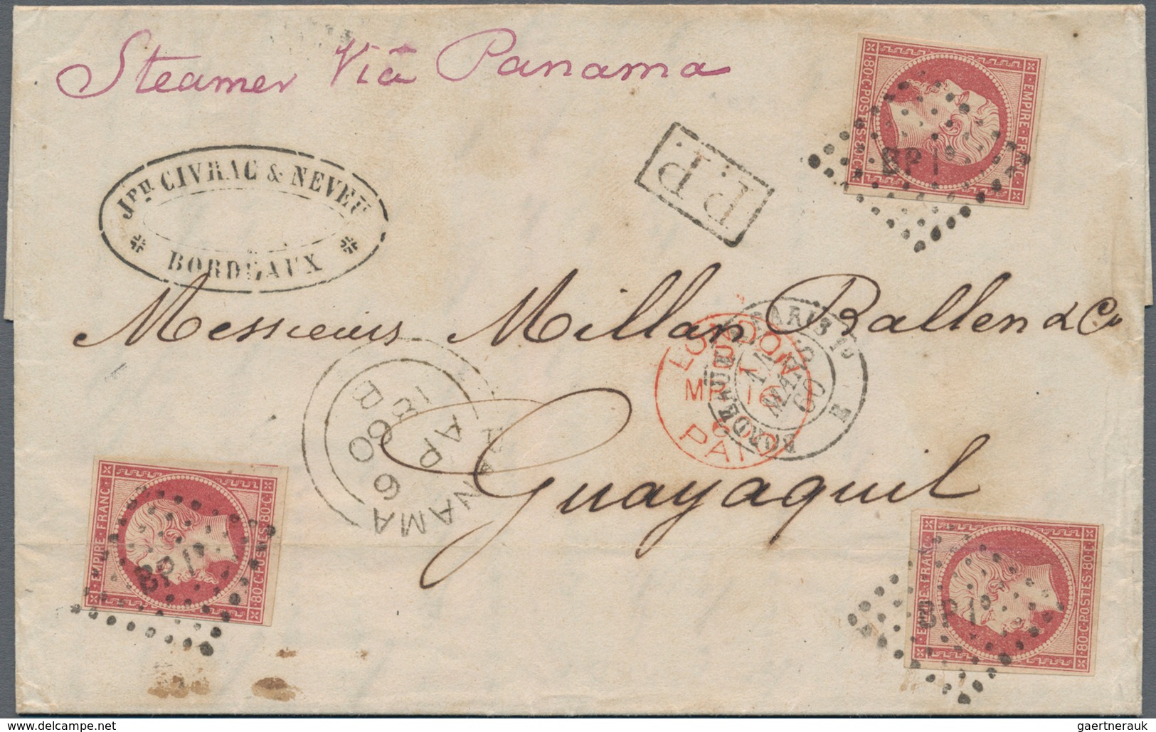 Frankreich: 1860 Entire Letter From Bordeaux To Guayaquil, Ecuador Via London And Panama, Franked By - Unused Stamps