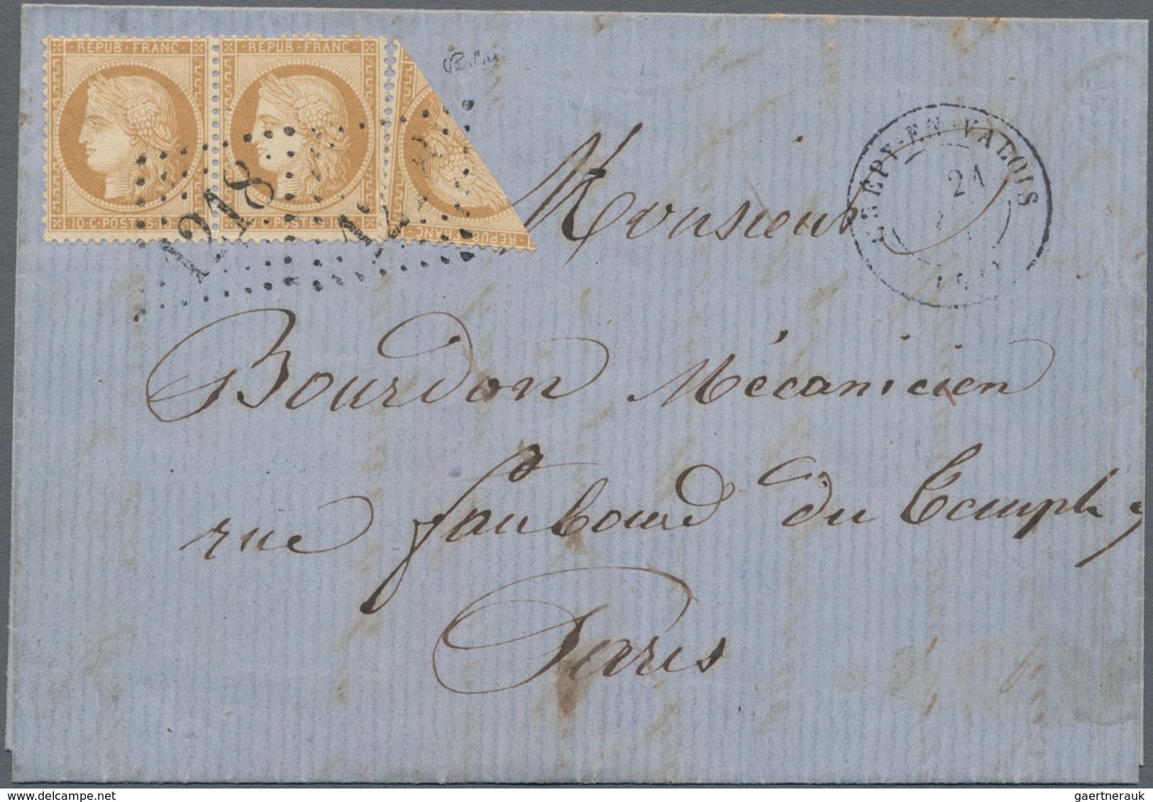 Frankreich: 1870 Ceres 10c. Yellow-brown Diagonally BISECTED Used Along With 10c. Pair On Folded Let - Unused Stamps