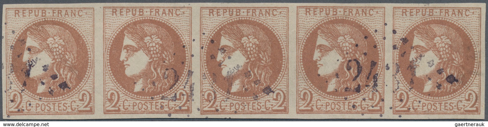 Frankreich: 1870, Bordeaux Issue, 2c. Marron, Horizontal Strip Of Five, Fresh And Intense Colour, Fu - Ungebraucht