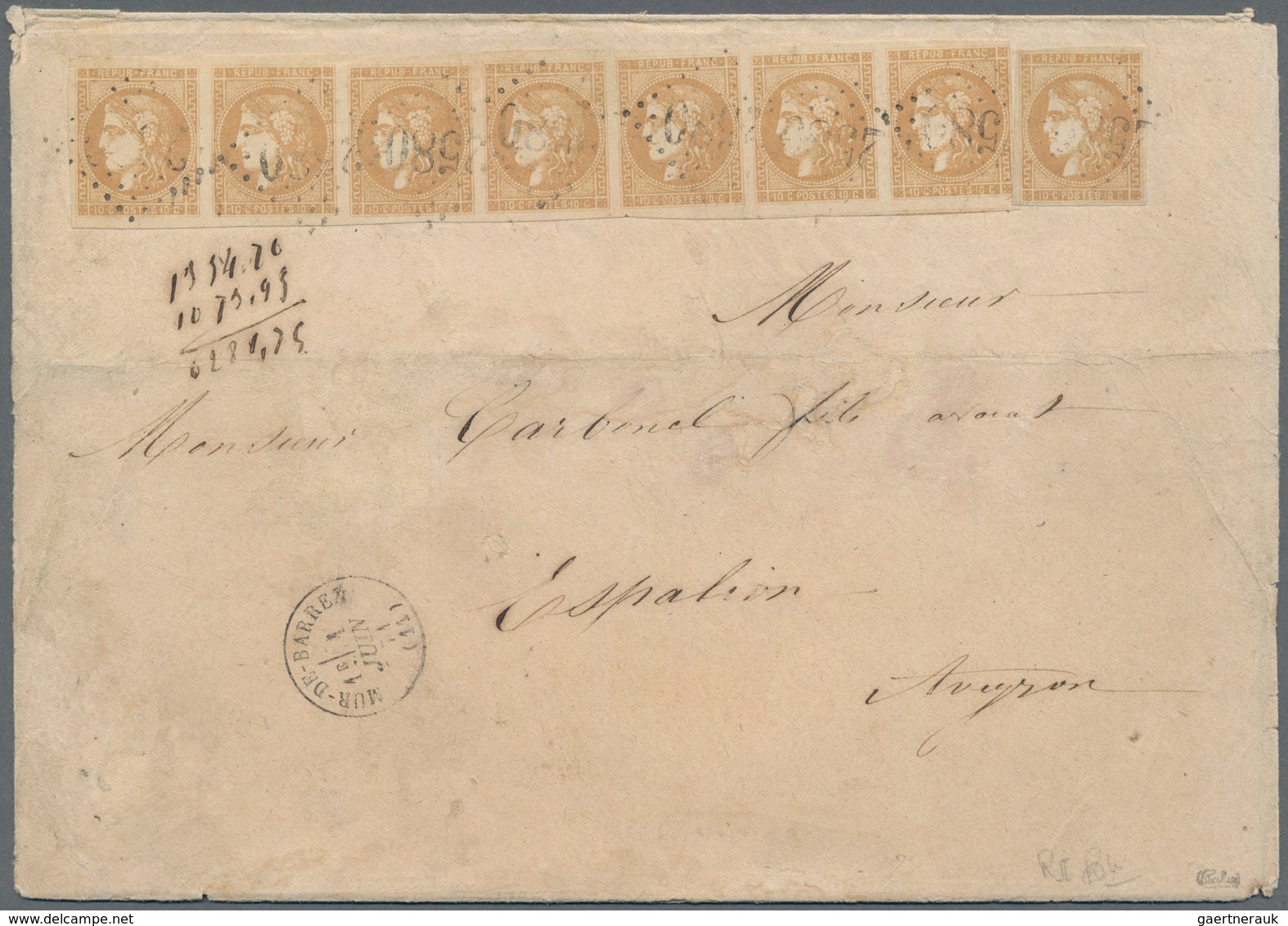 Frankreich: 1871, Bordeaux Issue 10c. Bistre, Report 1, HORIZONTAL STRIP OF SEVEN And Single Stamp, - Unused Stamps