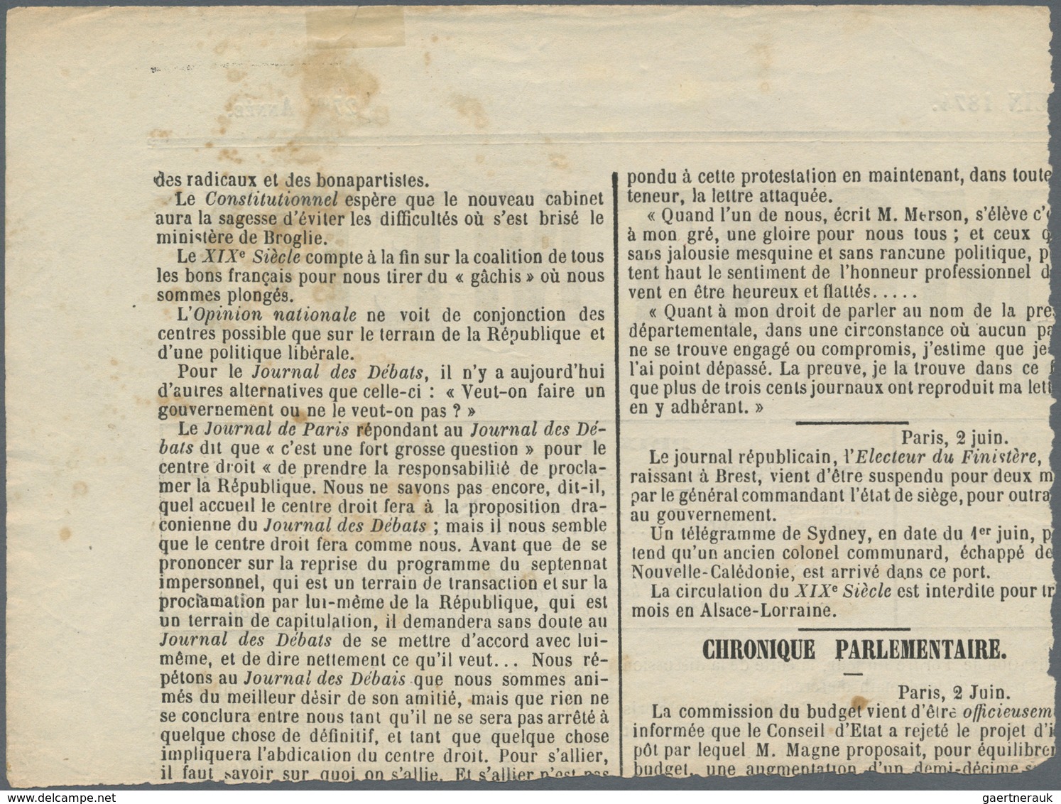 Frankreich: 1871, 2 C. Ceres Head On Large Part Of Newspaper (18,2 X 13,5 Cm) "...MONTMÉDY" Issued J - Ungebraucht