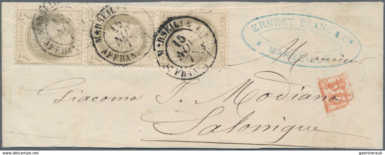 Frankreich: 1872 Ceres 4c. Grey Vertical Strip Of Three Used On Small Wrapper From Marseilles To Sal - Ungebraucht