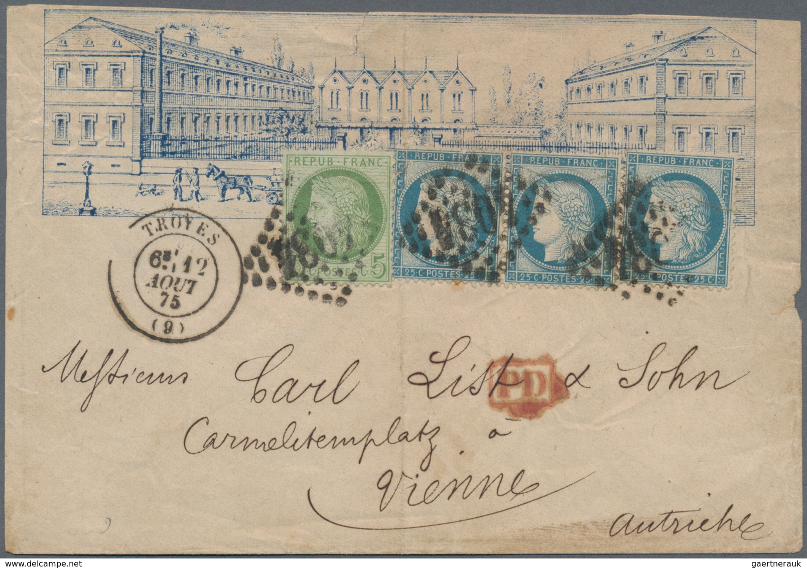 Frankreich: 1875 Illustrated Envelope (probably Depicting A Factory In Troyes) Used From Troyes To V - Unused Stamps