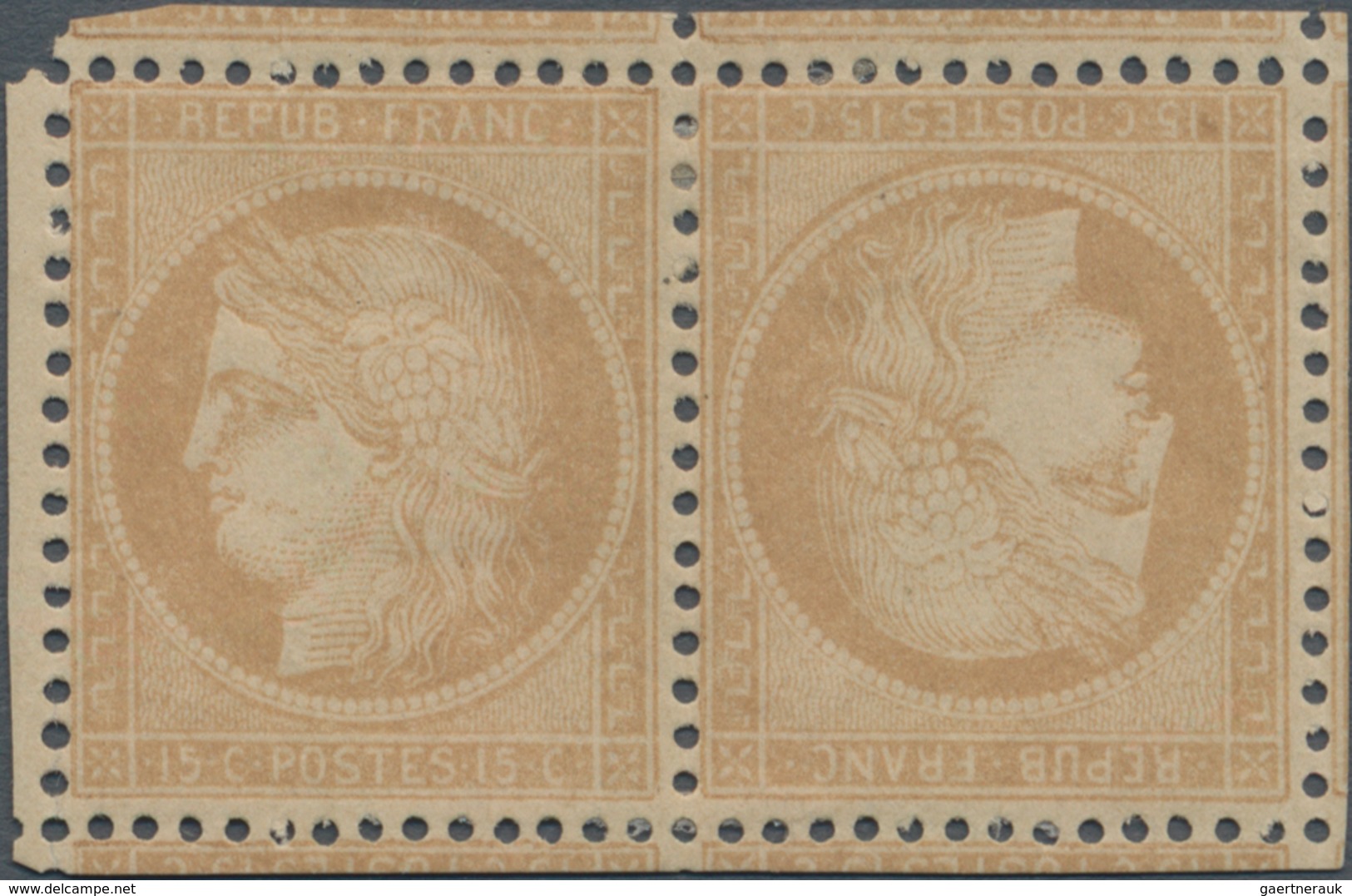 Frankreich: 1871 Ceres 15c. Bistre TÊTE-BÊCHE PAIR, Mint With Hinge Marks On Large Part Original Gum - Ungebraucht