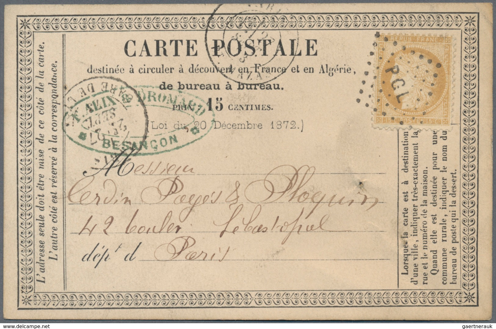 Frankreich: 1873, 15 C Ceres With Rhombus Cancel "P G L" On Pre-print Postcard (Paris, Bureaux De Tr - Ungebraucht