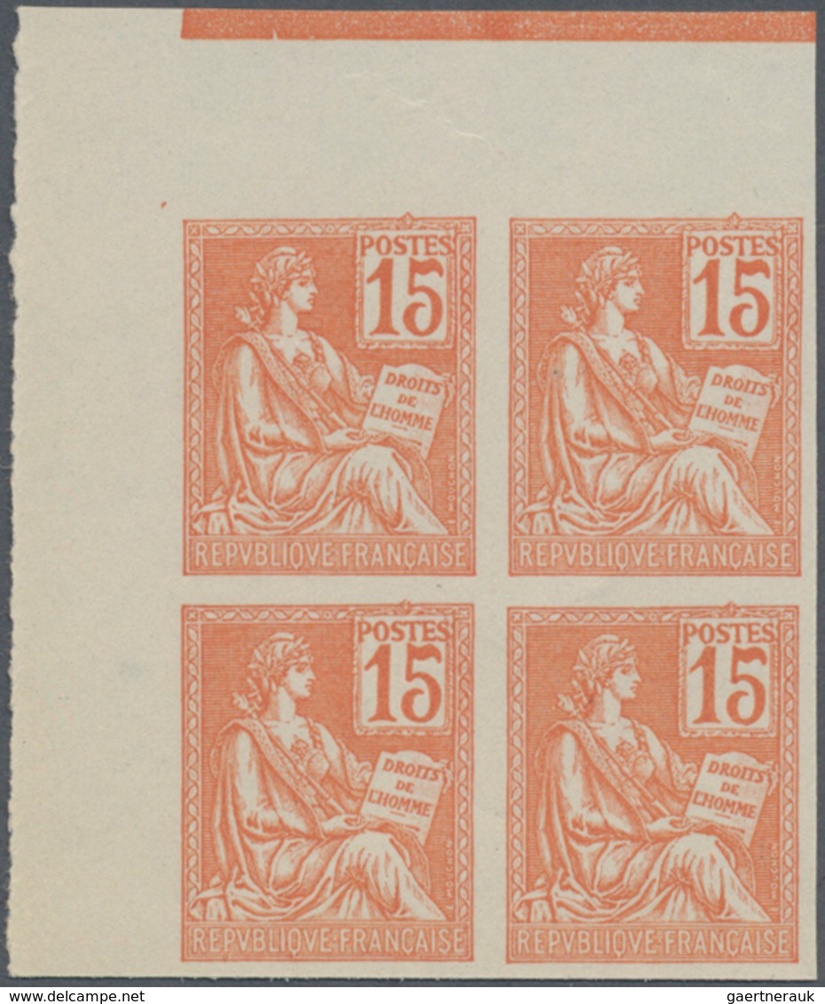 Frankreich: 1900, Mouchon I 15c. Orange IMPERFORATED Block Of Four From Upper Left Corner On Thin Un - Unused Stamps