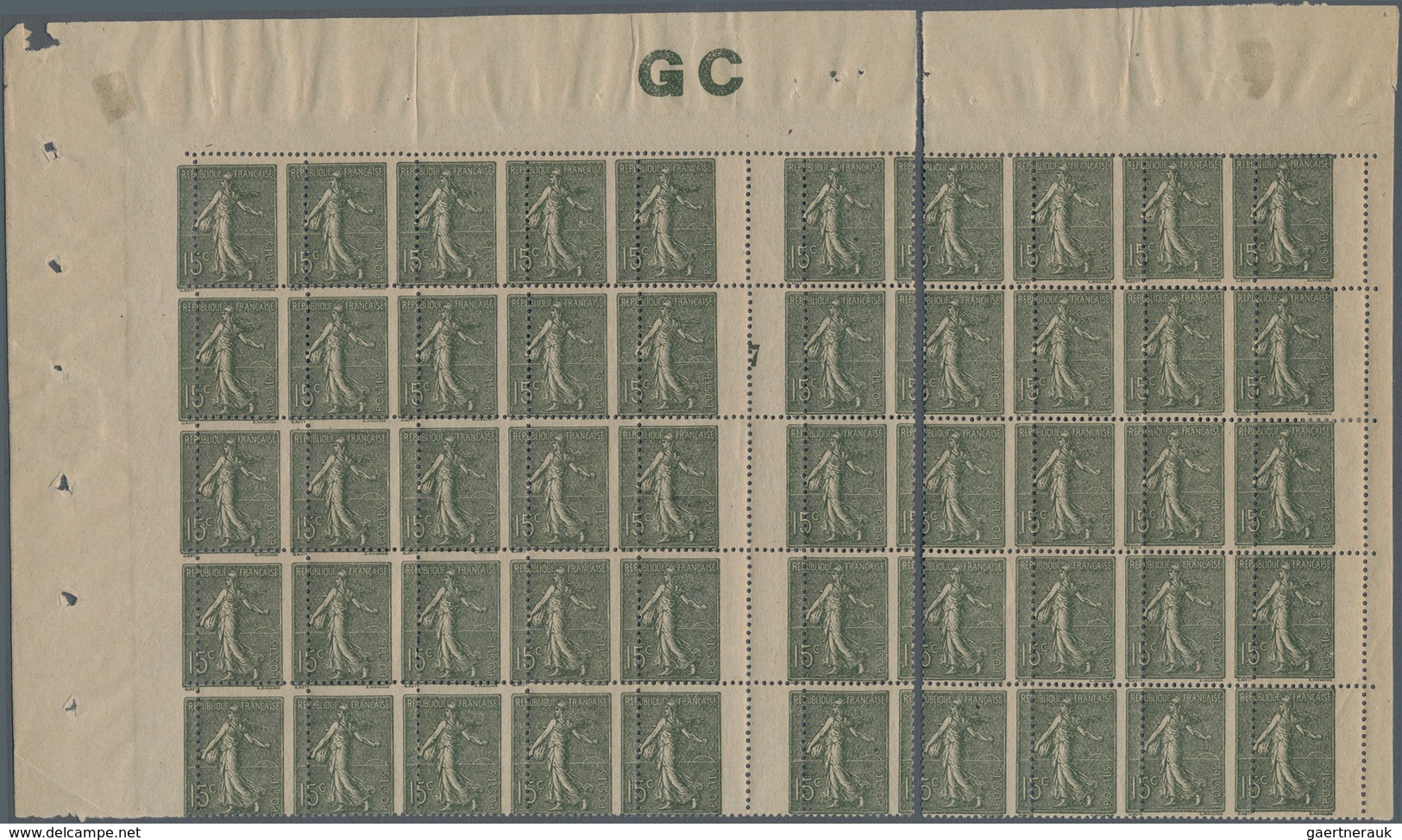 Frankreich: 1917, Semeuse Lignee 15c. Grey-green On GC Paper, Top Gutter Pane Of 50 Stamps (folded A - Ungebraucht