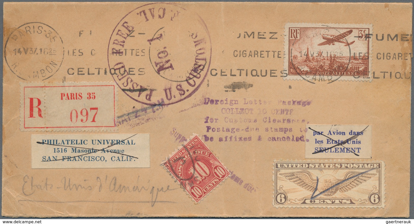 Frankreich: 1937 (14.5.), Registered Airmail Cover Bearing Airmail Issue 3.50fr. Redbrown Used From - Ungebraucht