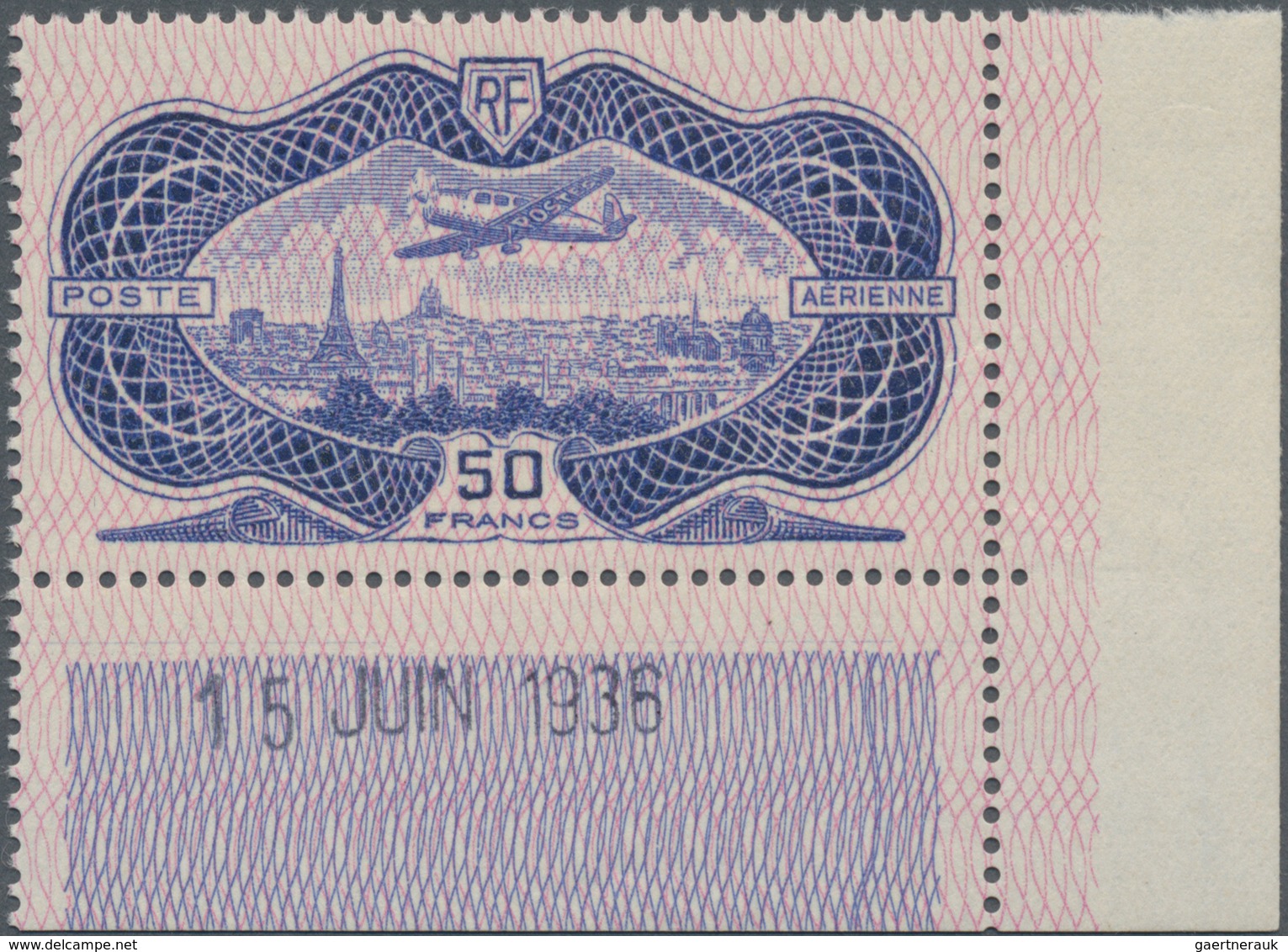 Frankreich: 1936, 50fr. Airmail "Burelage", Marginal Copy From The Lower Right Corner Of The Sheet W - Ungebraucht