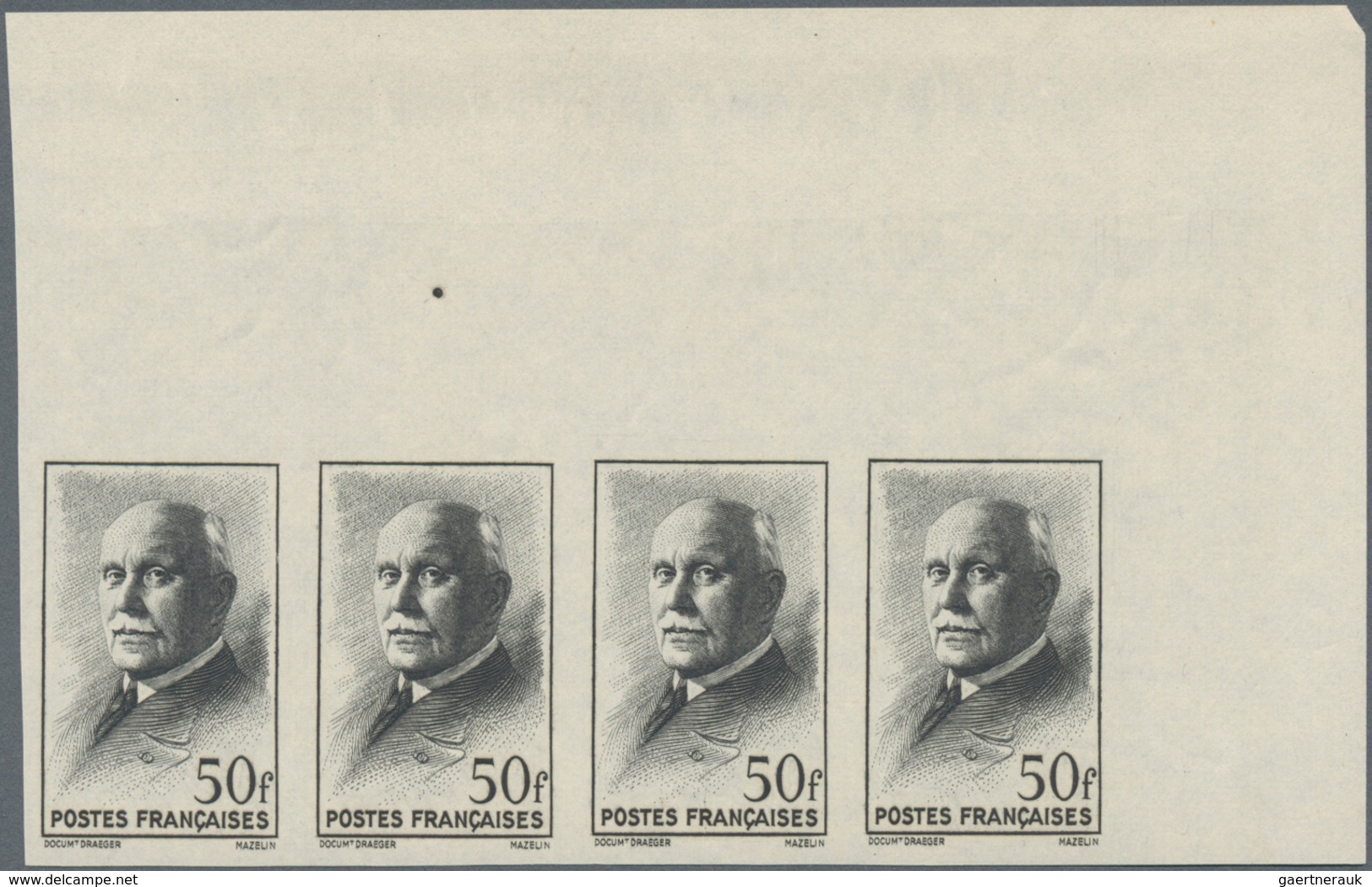 Frankreich: 1942, Definitive Issue Marshall Petain 50fr. Black IMPERFORATED Strip Of Four From Upper - Ungebraucht