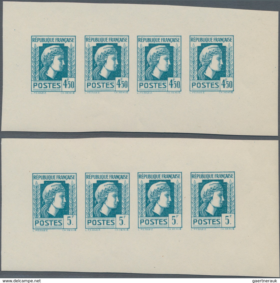 Frankreich: 1944, Definitives "Marianne", Not Issued, Group Of Ten Imperforated Panes Of Four Stamps - Ungebraucht