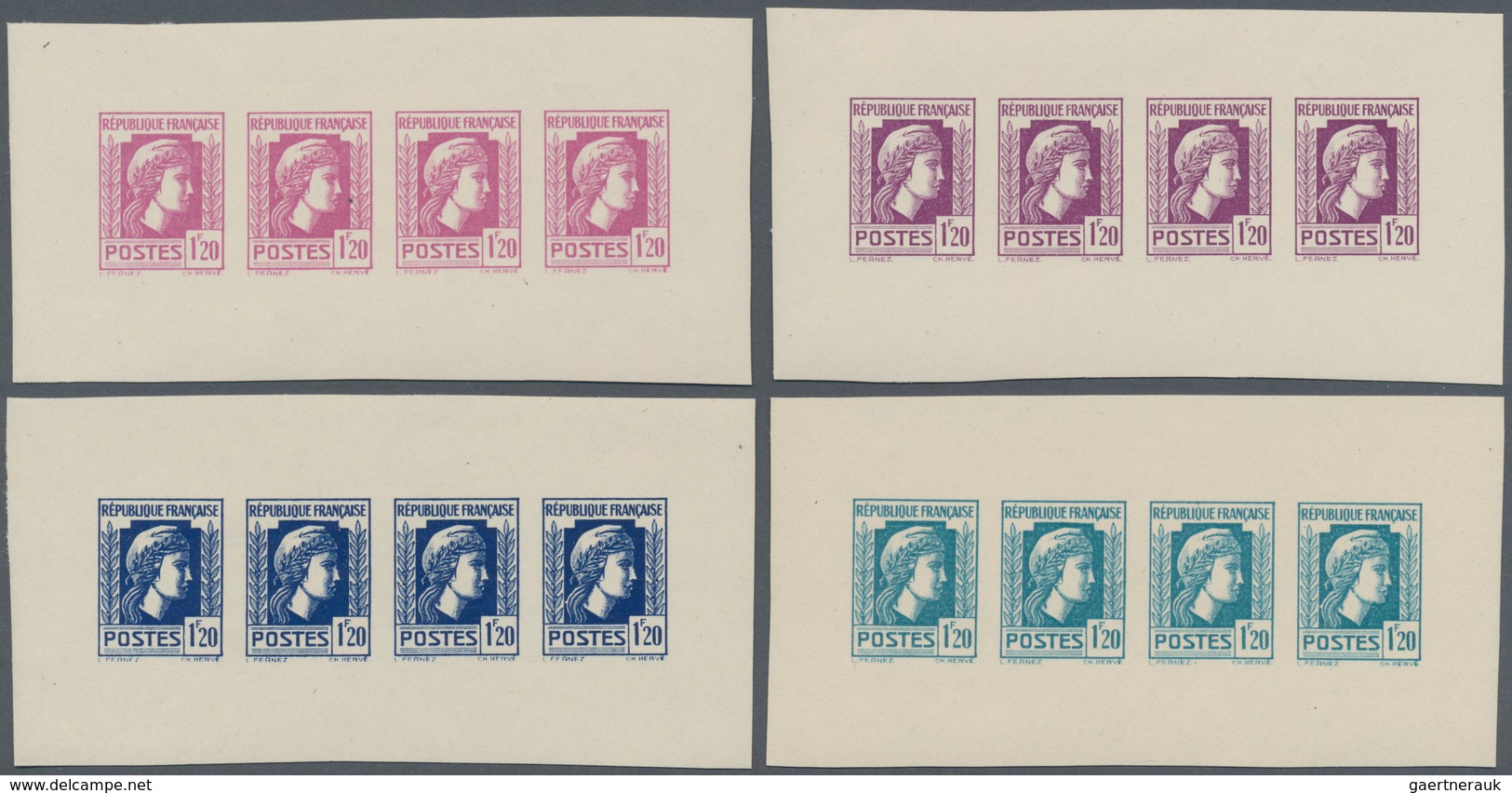 Frankreich: 1944, Definitives "Marianne", Not Issued, 1.20fr., Group Of Five Imperforated Panes Of F - Ungebraucht