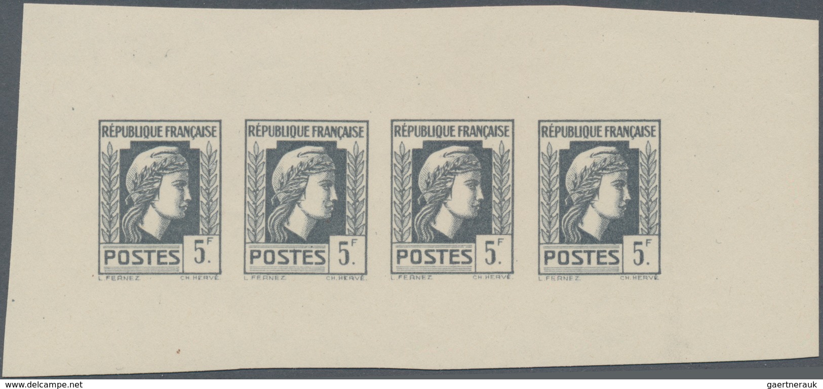Frankreich: 1944, Definitives "Marianne", Not Issued, 5fr., Group Of Five Imperforated Panes Of Four - Ungebraucht
