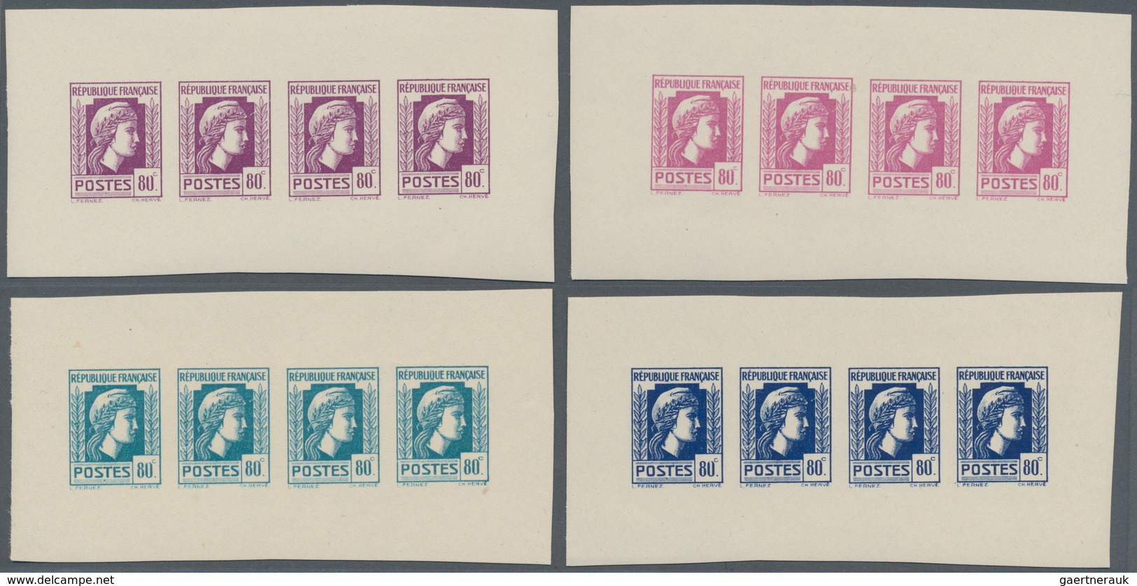 Frankreich: 1944, Definitives "Marianne", Not Issued, 80c., Group Of Four Imperforated Panes Of Four - Ungebraucht