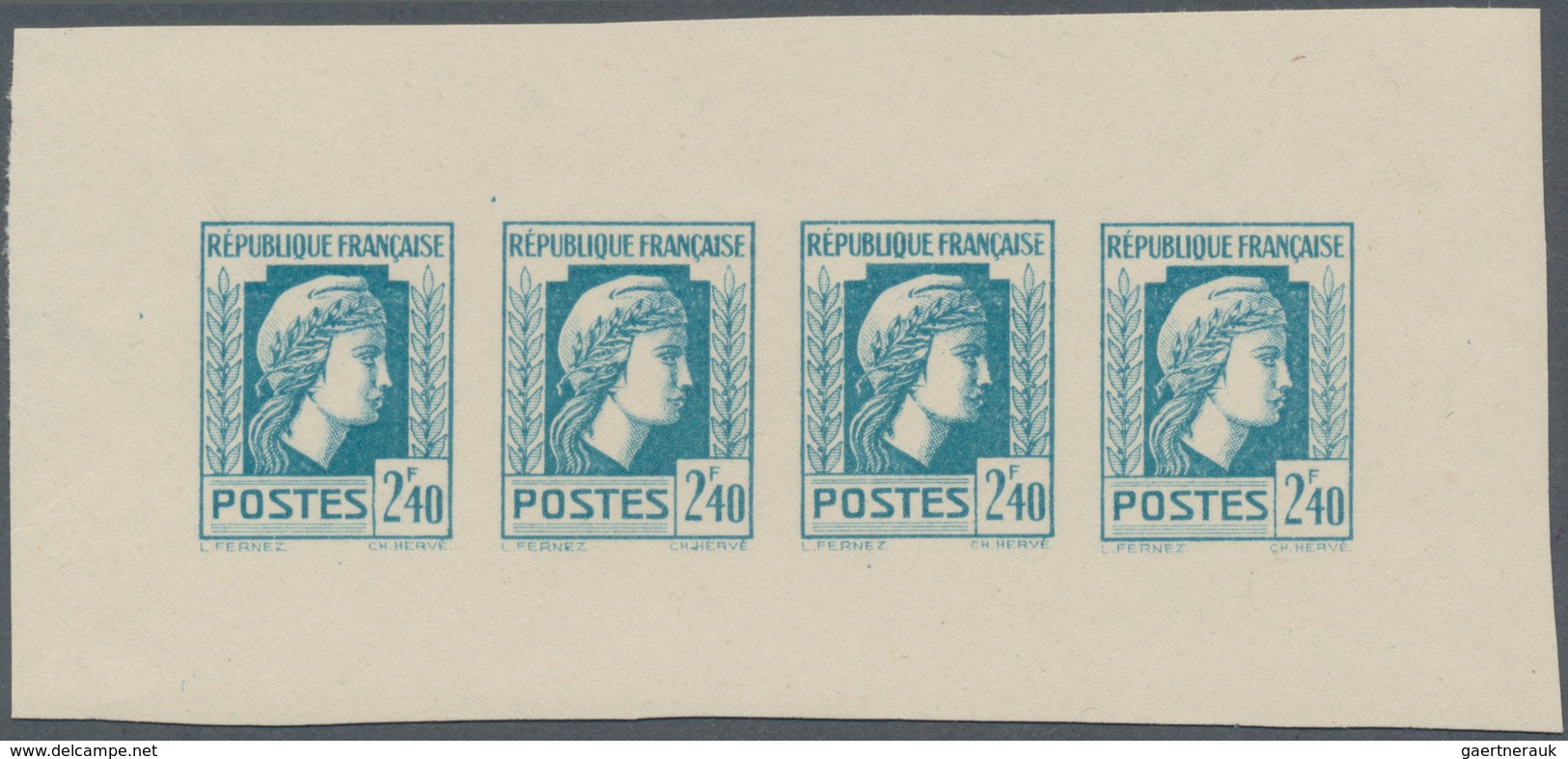 Frankreich: 1944, Definitives "Marianne", Not Issued, 2.40fr., Group Of Five Imperforated Panes Of F - Ungebraucht