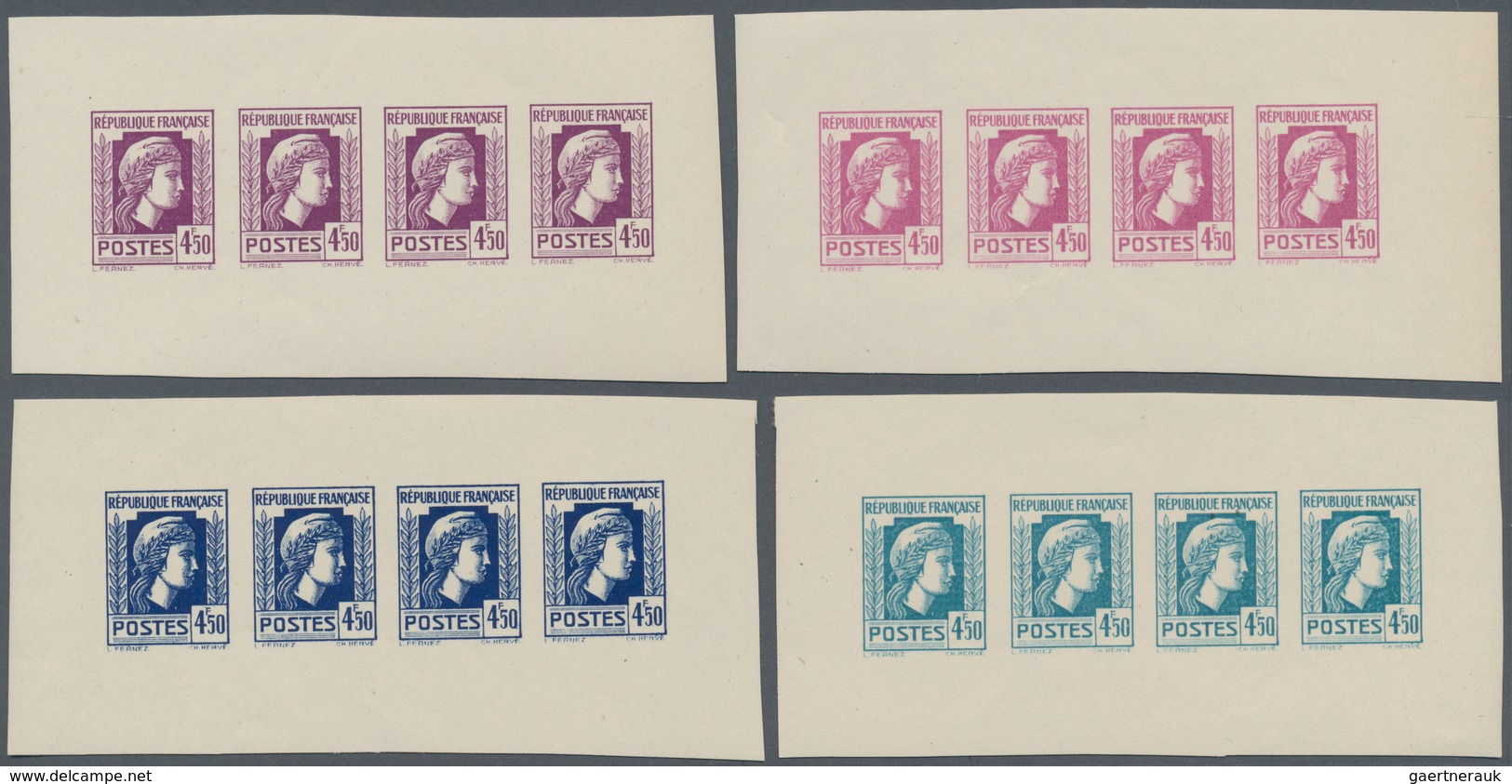 Frankreich: 1944, Definitives "Marianne", Not Issued, 4.50fr., Group Of Four Imperforated Panes Of F - Ungebraucht